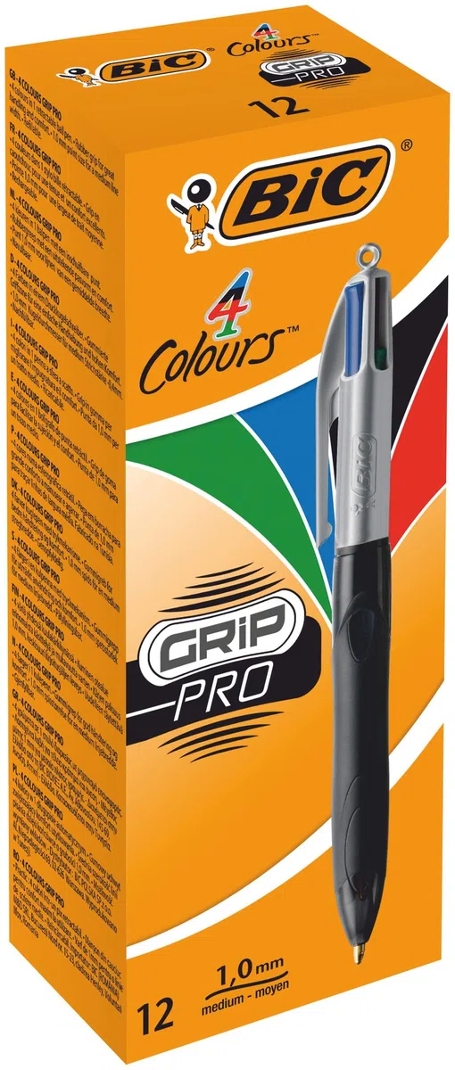 BIC 4Colori Grip Pro, Penna a Sfera a Scatto, Punta Media (1.0 mm), Confezione da 12, Fornitura per Cancelleria Ufficio