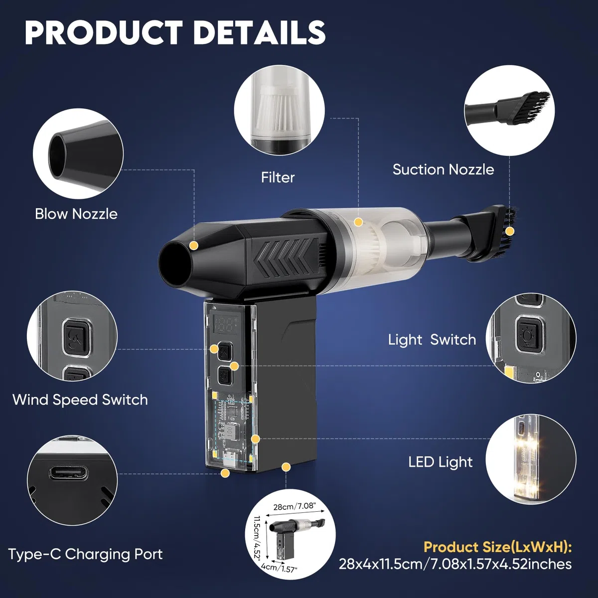 Sunowl Soffiatore Aria Compressa, 2 in 1 Aria Compressa Elettrico con 130000 RPM Super Power 1-100% Regolabile, Elettrico Air Duster con Ricarica Rapida, Luce LED per Computer, Tastiera, Auto, Divano