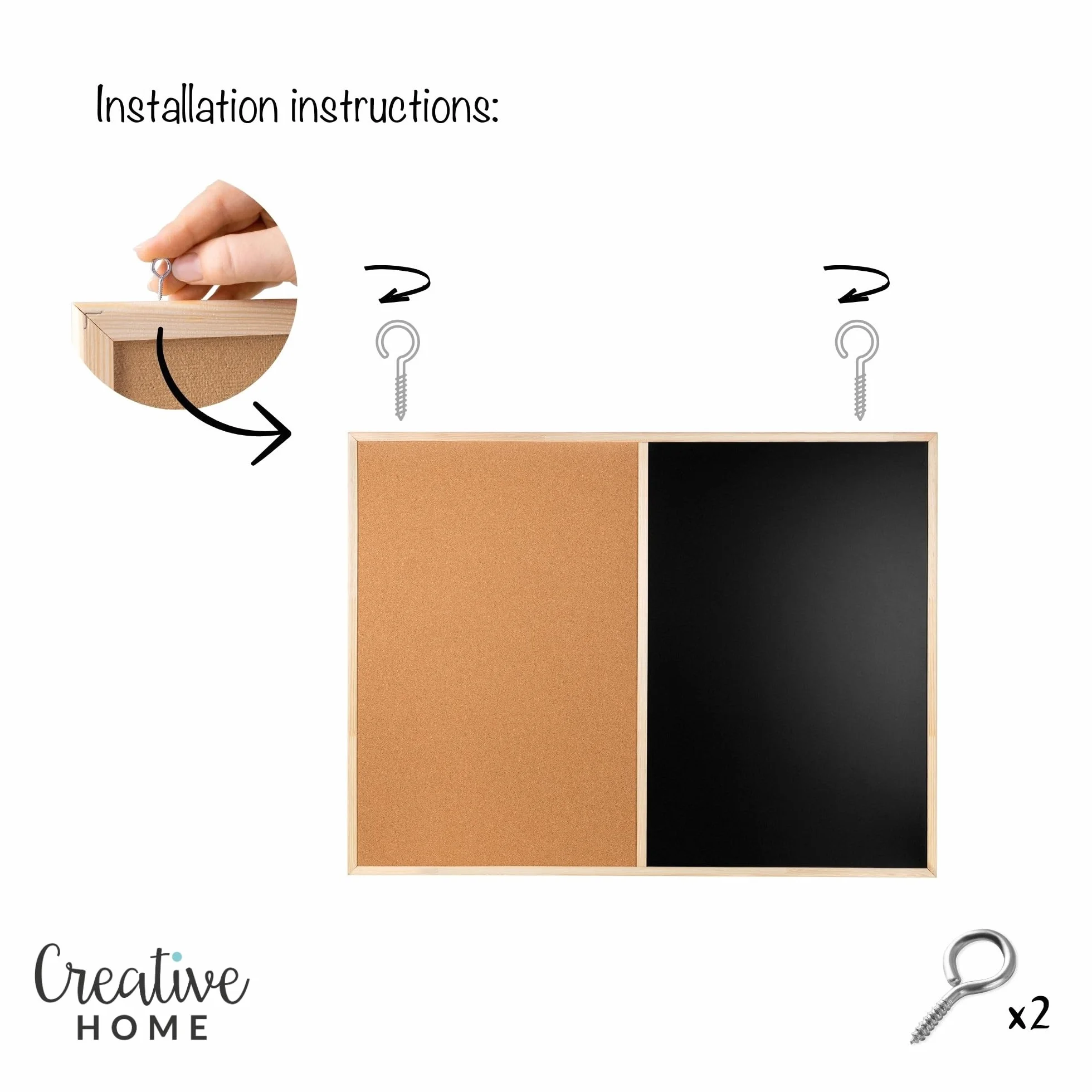 Creative Home Lavagna metà Sughero metà Magnetica 57 x 40 cm, anche Lavagna per Gesso | Cornice in Legno + 5 Magneti, Gesso, Spugna e Puntine | Bacheca Cucina da Parete per Ristorante, Scuola, Casa