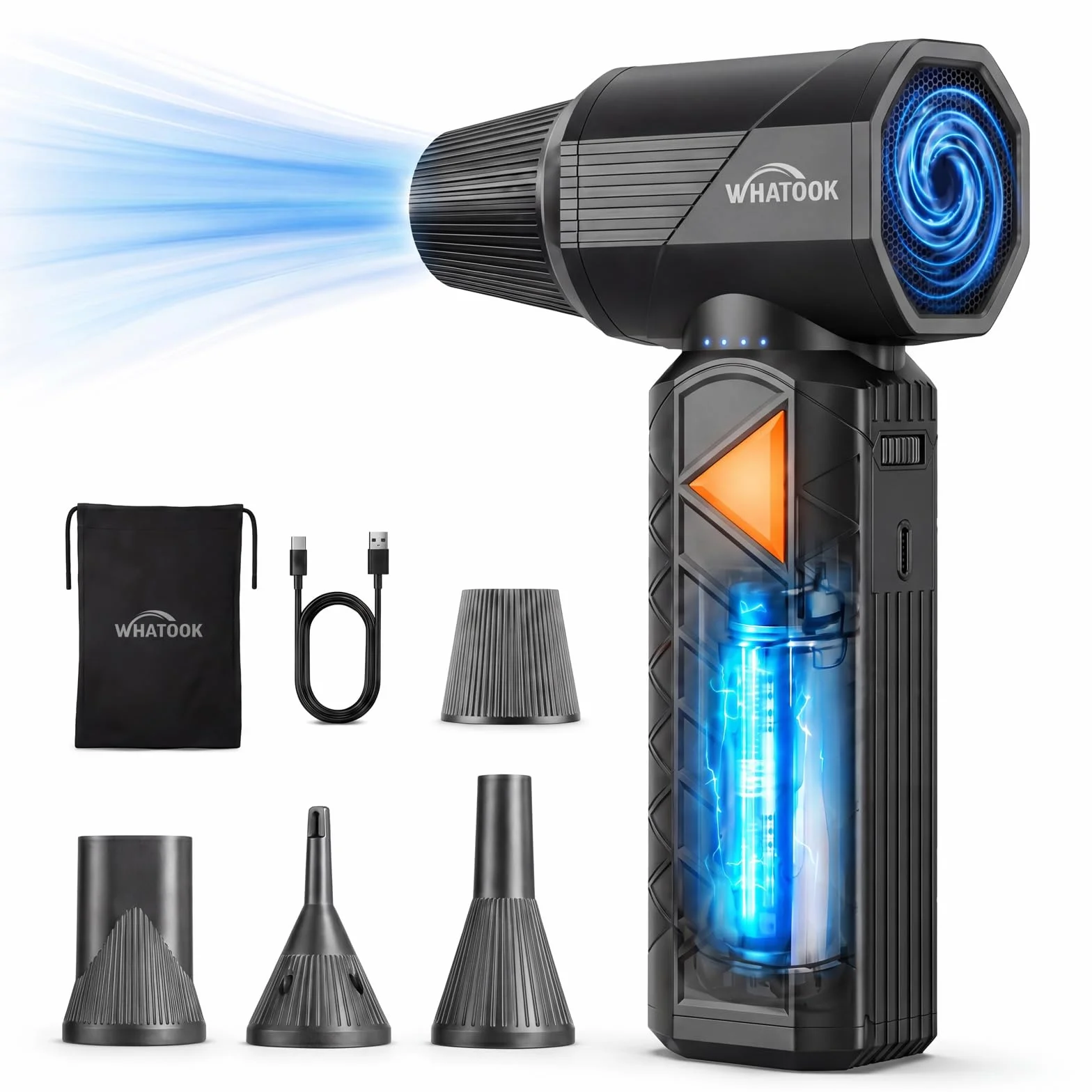 WHATOOK W02 Pro Soffiatore a Batteria, 400.000 RPM 100M/S Soffiatore ad Aria Compressa, 100 Livelli di Velocità Regolabili, Potenza Professionale per Auto, Pulizia PC, Tastiera, e Outdoor