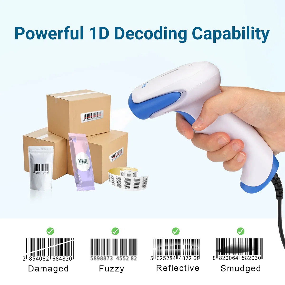 Tera Lettori di codici a barre Barcode Scanner laser 1D portatile cablato USB con materiale antibatterico, Plug and Play, Modello 3106 (Bianco-Blu)