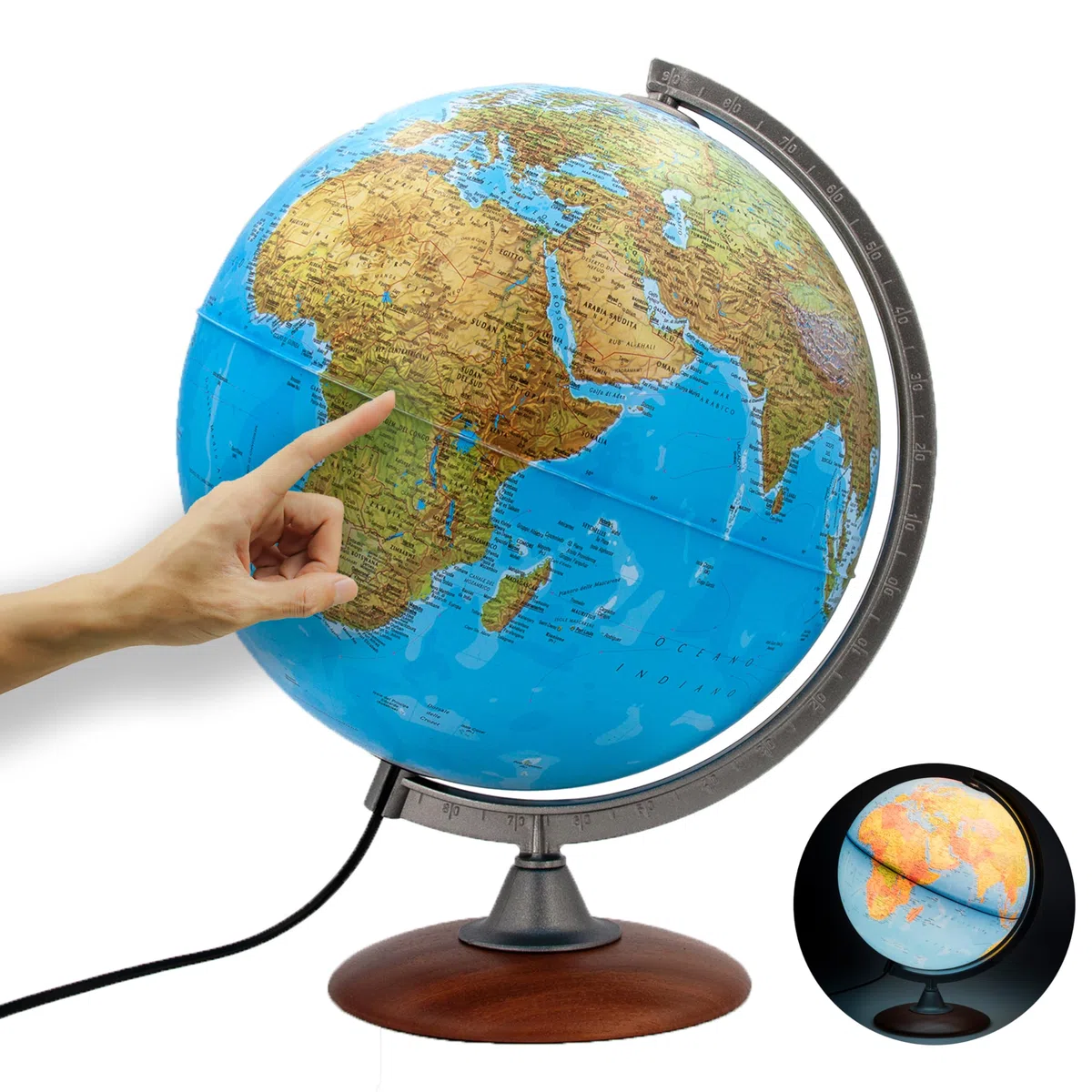 ORBIT GLOBES & MAPS Globo Luminoso, mappamondo, cartografia a Doppia Effetto, Fisica e Politica, Italiano, con Base in Legno, Lampadina a LED
