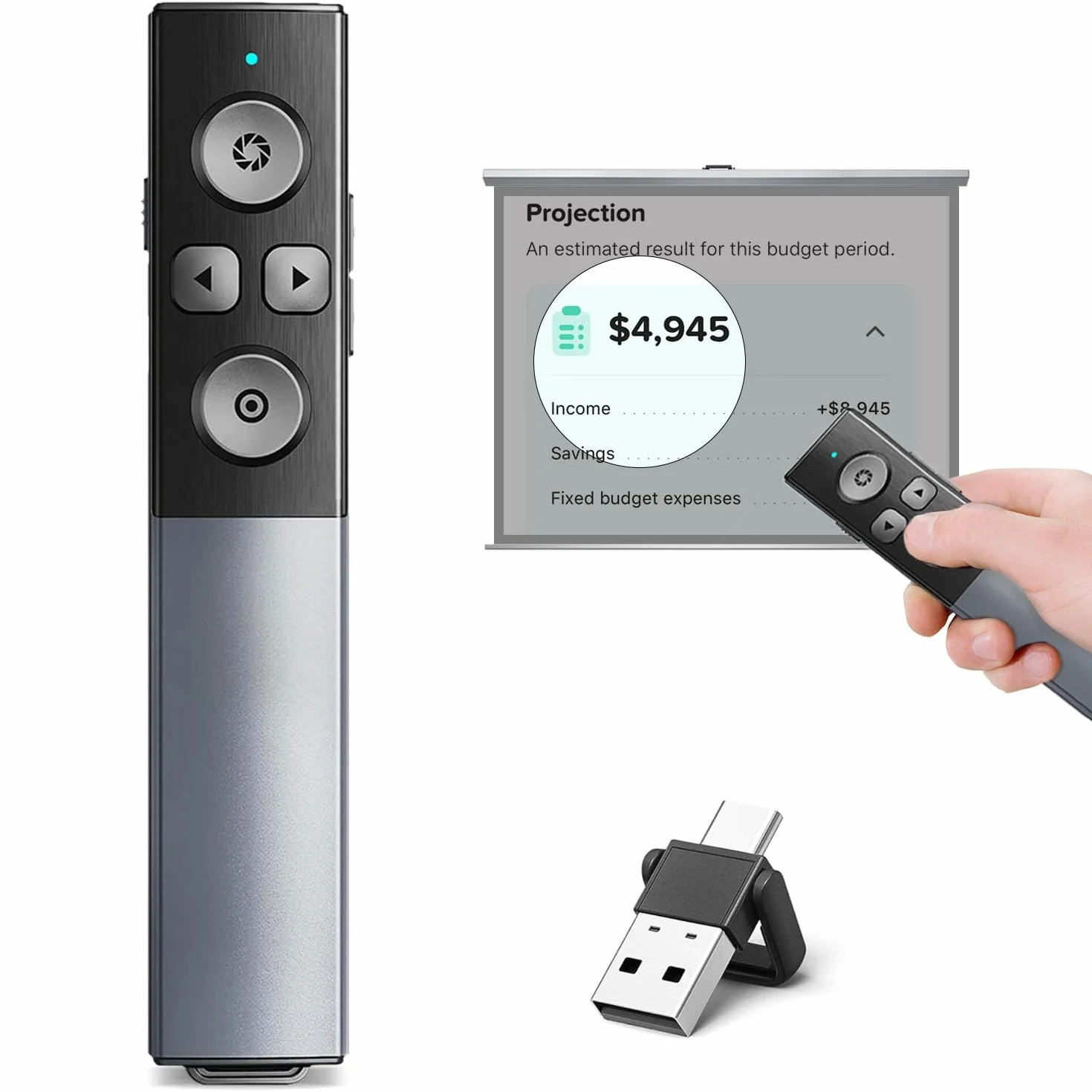 Presentatore Wireless Digitale a Conchiglia in Metallo con Riflettore/Magnete/Temporizzatore/Mouse, USB/Type-C 2 in 1 Telecomando Slide PC Ricaricabile Penna Presentazioni per TV LCD LED