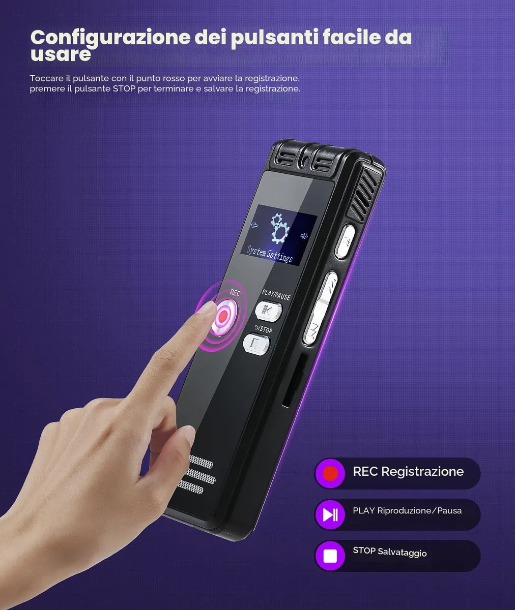 Registratore vocale con Playback 64 GB – 1536 Kpbs, dispositivo di registrazione audio one-touch con cancellazione del rumore per interviste/classi/riunioni