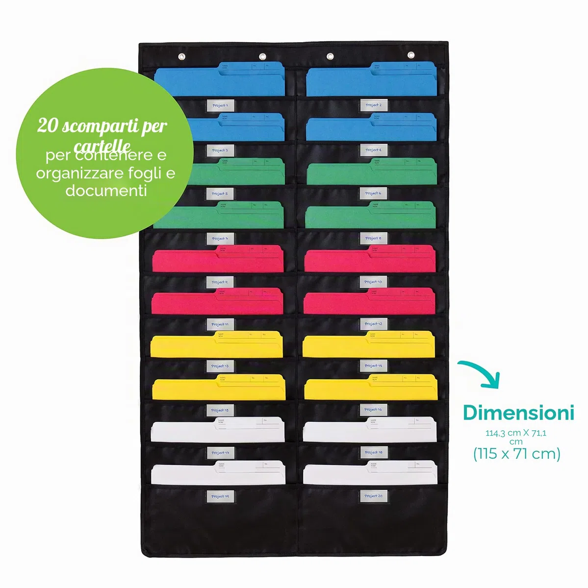 WallDeca Portariviste da Parete con 20 Tasche Formato A4 ed Etichetta Identificativa – Portadocumenti per Uffici, Casa, Scuola con 3 Ganci Inclusi – Schedario Parete Nero (115 x 71 cm)