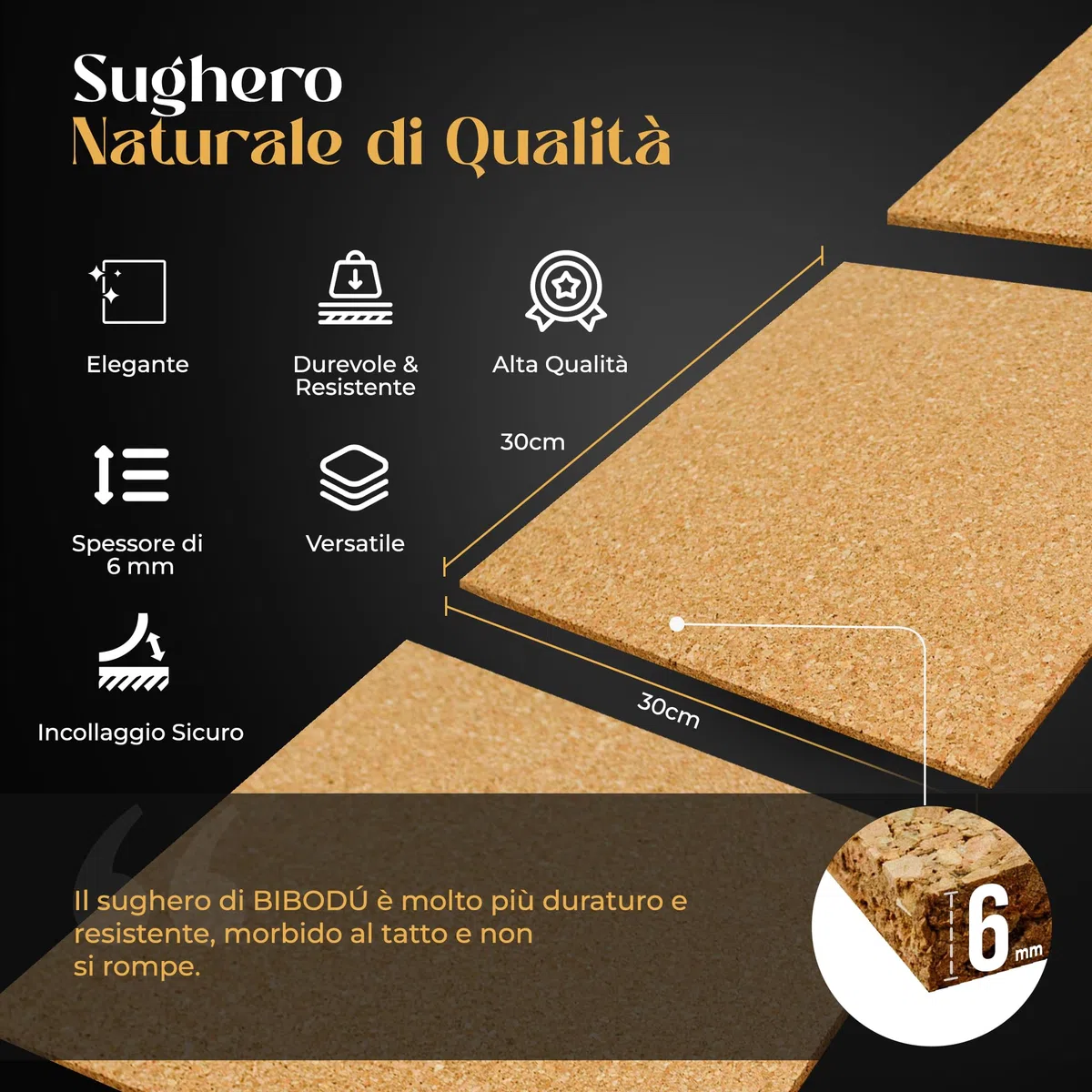 BIBODÚ Sughero Pannelli Muro Adesivo (12 UNITÁ) 30cm x 30cm & 6mm Spessore | Bacheca In Sughero | Include 30 Puntine Per Lavagna Sughero | Pannelli Sughero per Pared - Oficina - Lavagna in Sughero