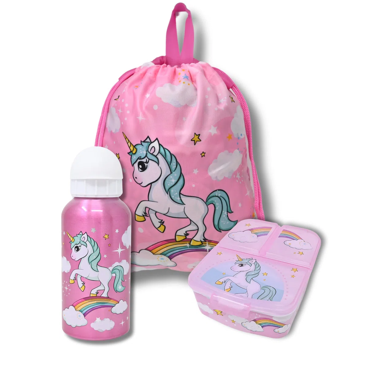 Set zaino unicorno, contenitore pranzo, borraccia, sacca ginnastica, 3 pezzi, asilo, bottiglia