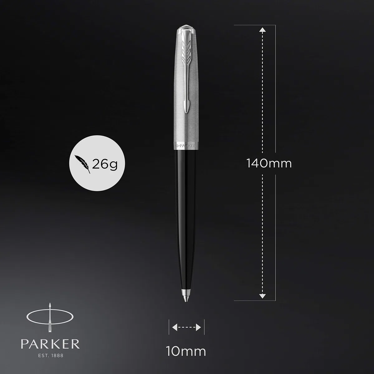 Parker 51 penna a sfera | Corpo nero con finiture cromate | Punta media con cartuccia di inchiostro nero | Confezione regalo
