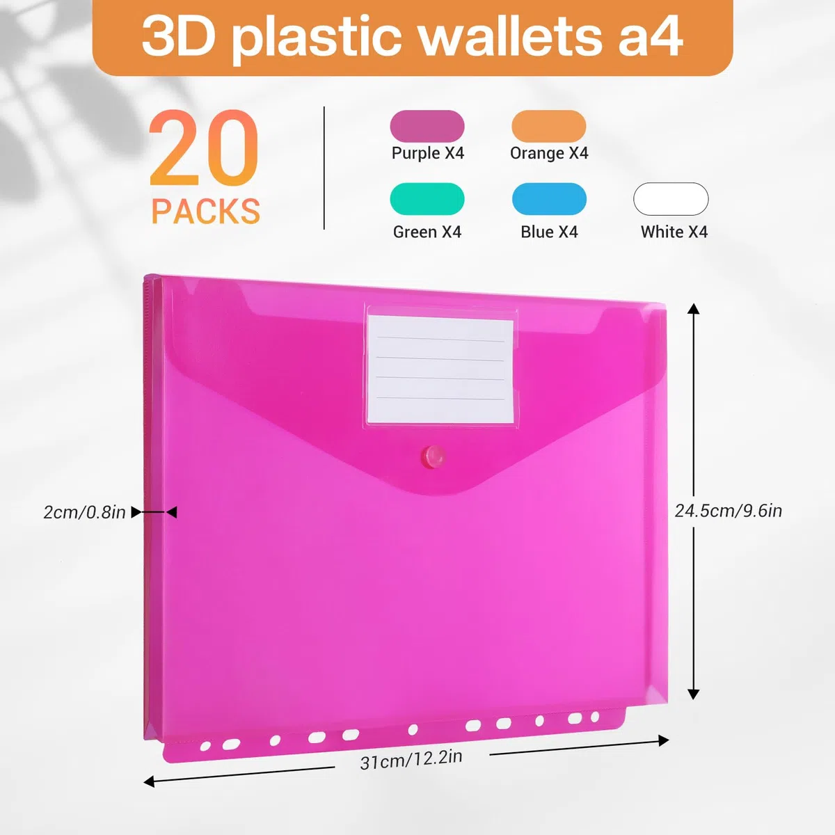 DATEFUN Cartellina Portadocumenti A4 Tridimensionale 20 Pezzi, Buste Trasparenti A4, Busta Portadocumenti con Apertura a Busta e Bottone per Casa Ufficio Scuola (5 Colori)