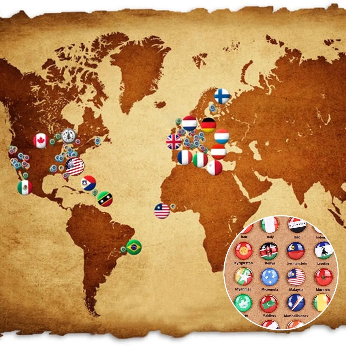 Puntine Bandiera Nazionale: 291 Pezzi Decorativi Paesi Mappa Con Piastre di Sughero, Spilli Metallici Creativi Per Cruscotto Fai-da-te
