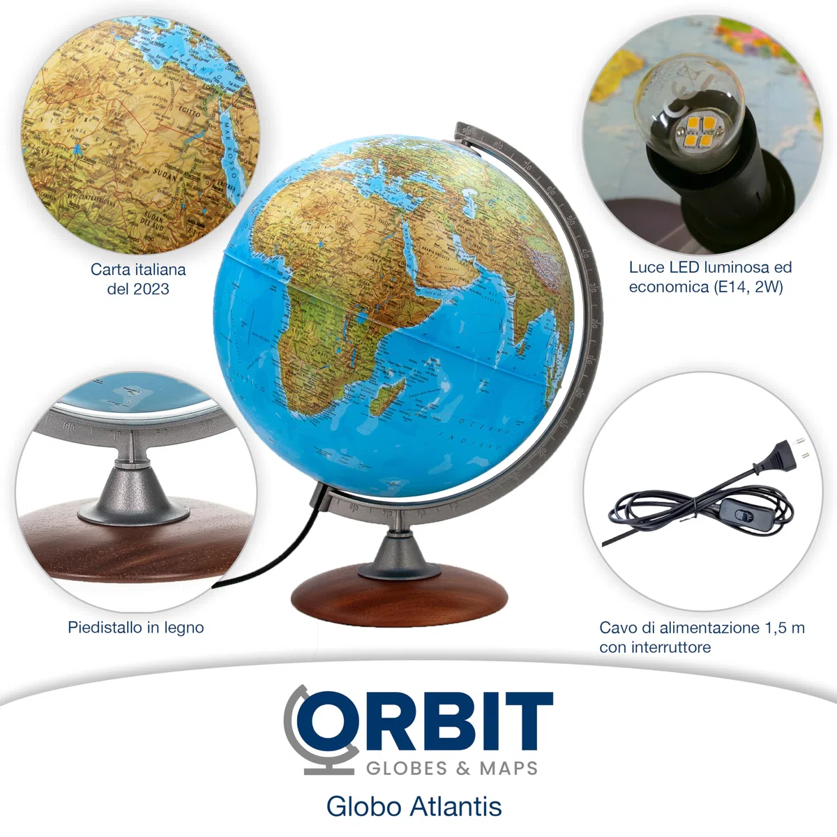 ORBIT GLOBES & MAPS Globo Luminoso, mappamondo, cartografia a Doppia Effetto, Fisica e Politica, Italiano, con Base in Legno, Lampadina a LED