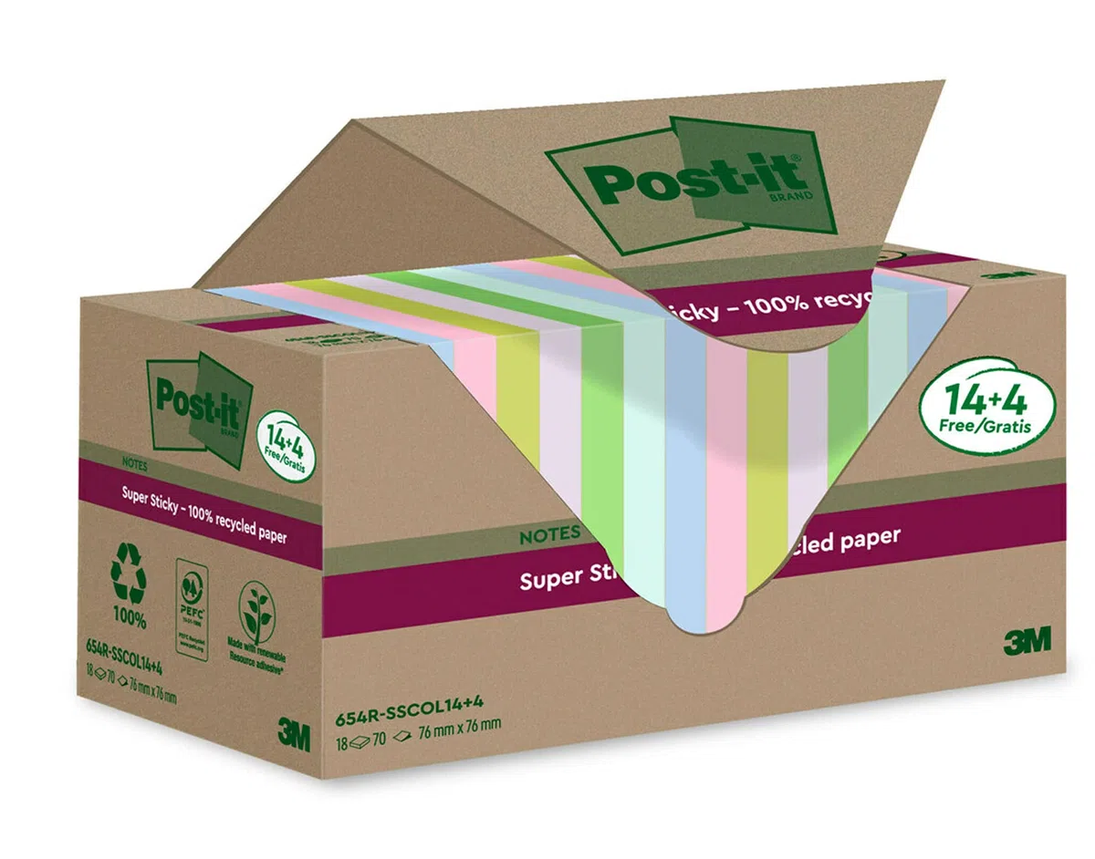 Post-it Foglietti Super Sticky Riciclati,14 Blocchetti + 4 GRATIS/Confezione,70 Fogli per Blocchetto, 76 mm x 76 mm,Rosa, Verde, Blu, Viola, Giallo Foglietti Super Adesivi in carta riciclata al 100%