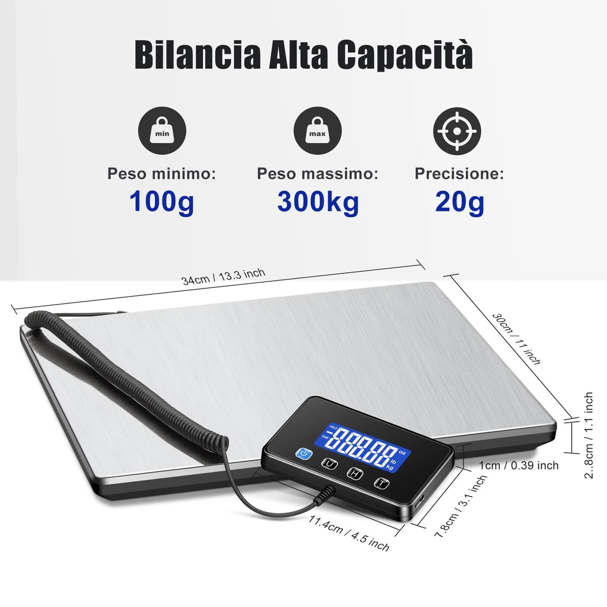 KUAIVO Bilancia Pesa Pacchi 300 kg / 20 g Alta Precisione, Bilancia Professionale con Funzione LCD/Hold/Tara, Bilancia Postale Piattaforma in Acciaio Inossidabile per Pacchi, Magazzino e valigia