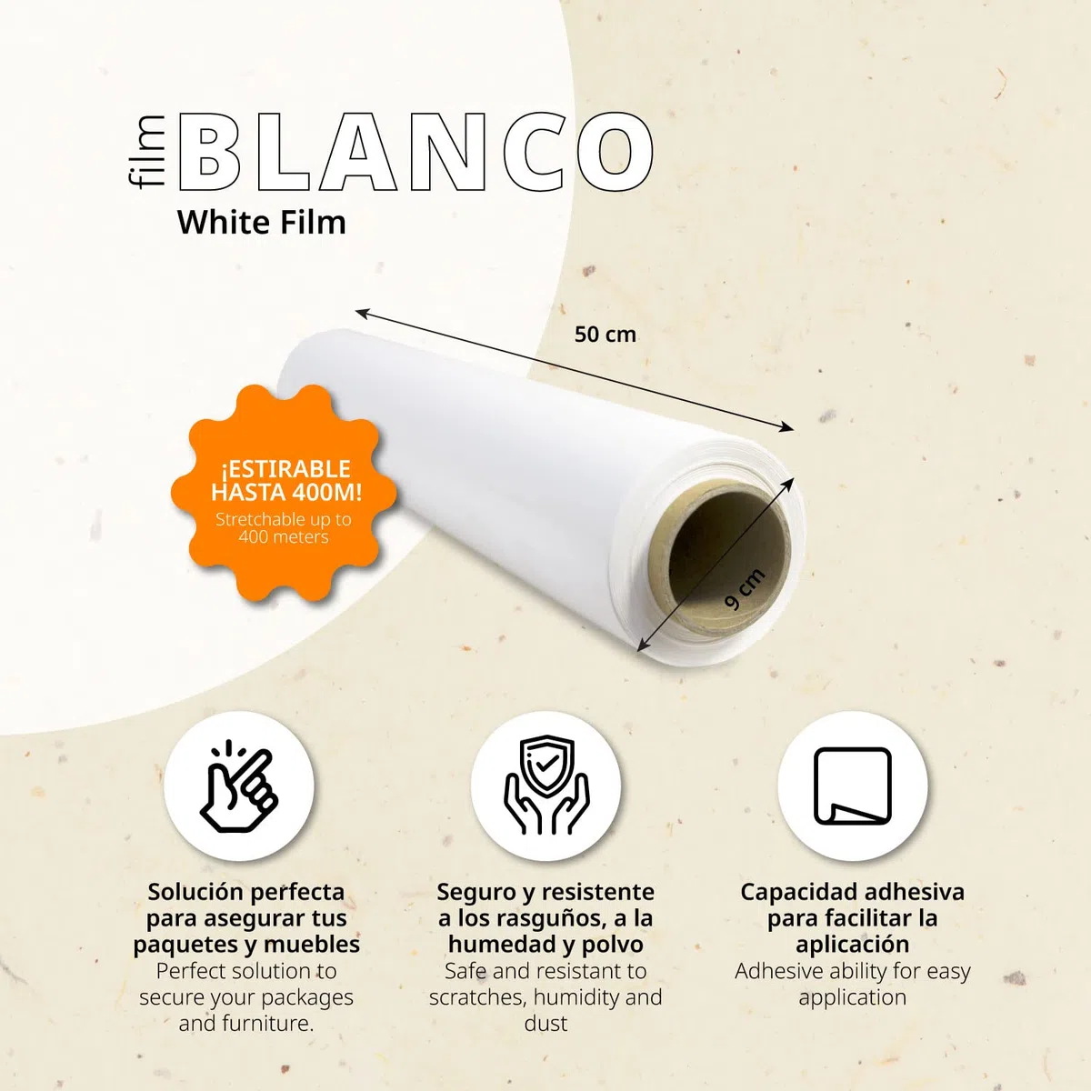 Film estensibile, Film plastico per imballaggio, Proteggi rotolo in plastica bianca per spedizioni e traslochi, Rotolo da 50 cm e fino a 400 m estensibile - Ofituria (1 unità)