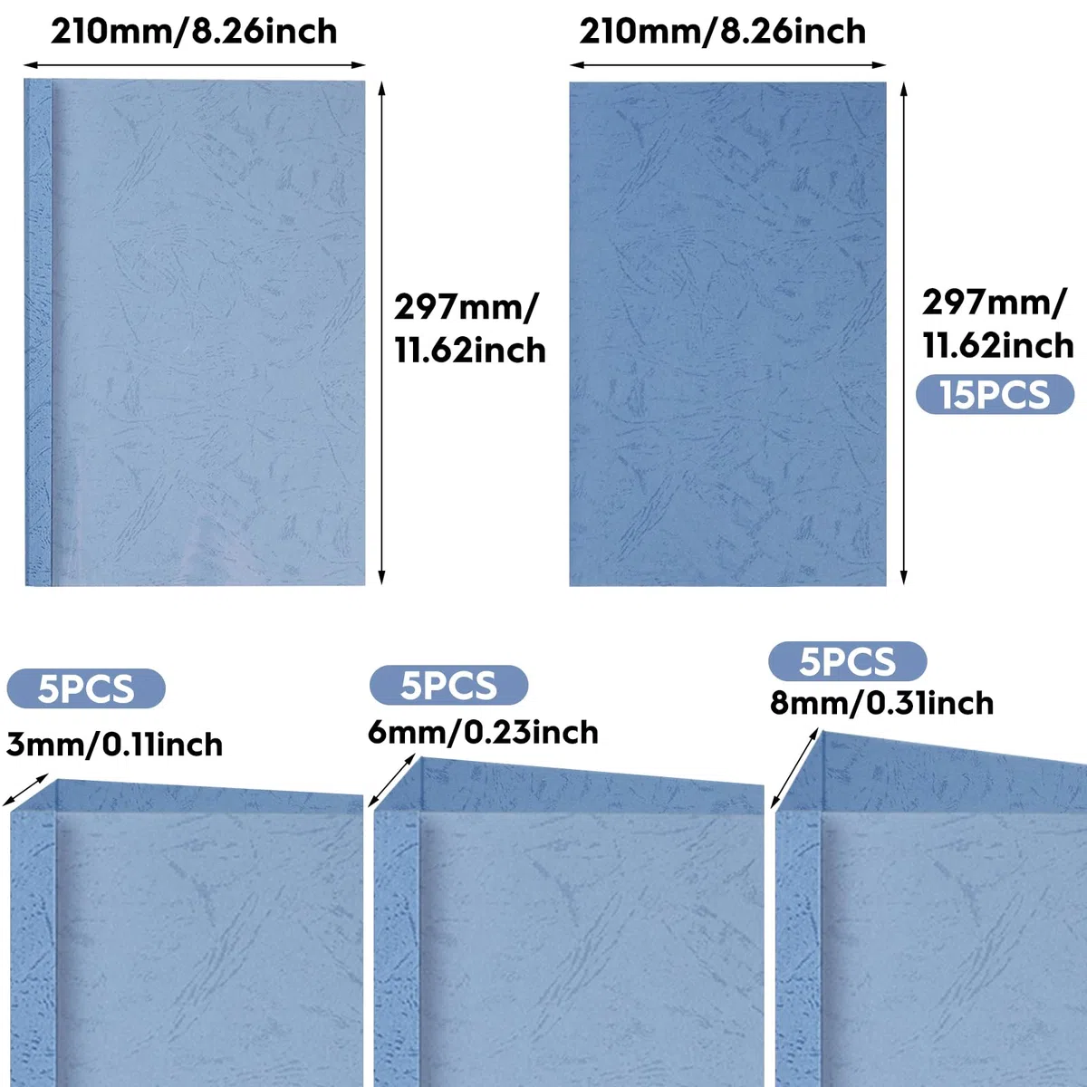 Cartelline Termiche A4 in PVC - 15 Fogli Con Copertina, 3mm (16-25), 6mm (36-50), 8mm (51-70) - Blu