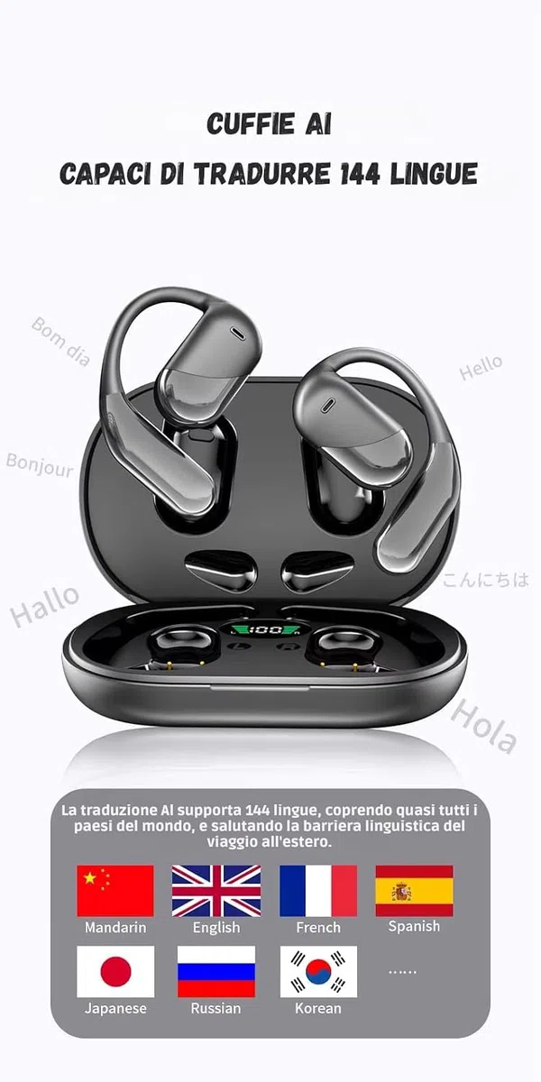 YYK-Q16S Cuffie Traduzione Istantanea Wireless Bluetooth 5.4 – Auricolari Smart con Traduttore Vocale in 144 Lingue, Audio HD, Microfono e Modalità Multiple – Ideali per Viaggi, Studio e Lavoro