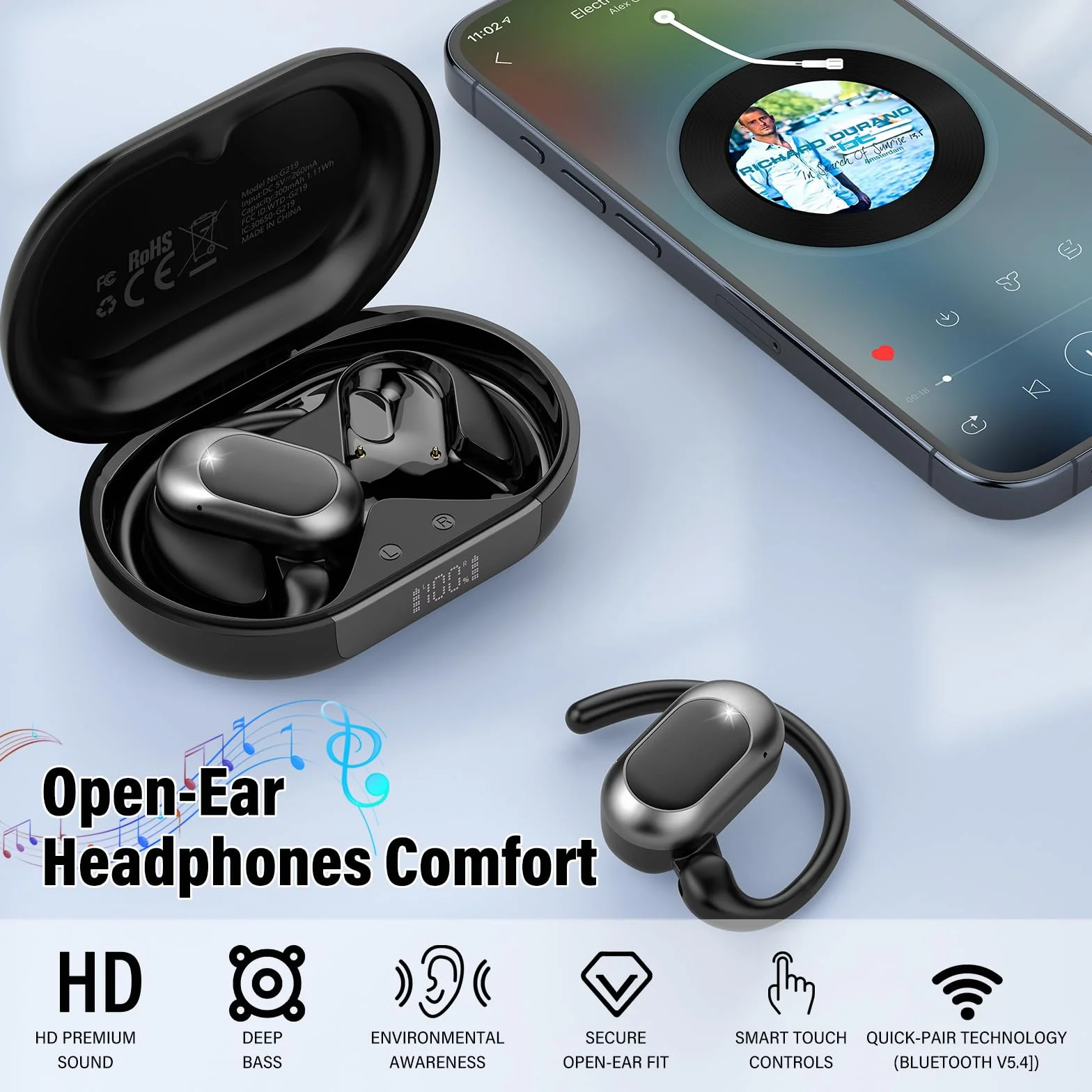 AI Cuffie Traduzione Simultanea, 4-in-1 Auricolari Traduttori Istantanei con 164 Lingue e 7 Modalità, Bluetooth 5.4 Open Ear con ENC, Codice Autorizz Permanente, IPX7 per Viaggi, Studio e Affari, Nero