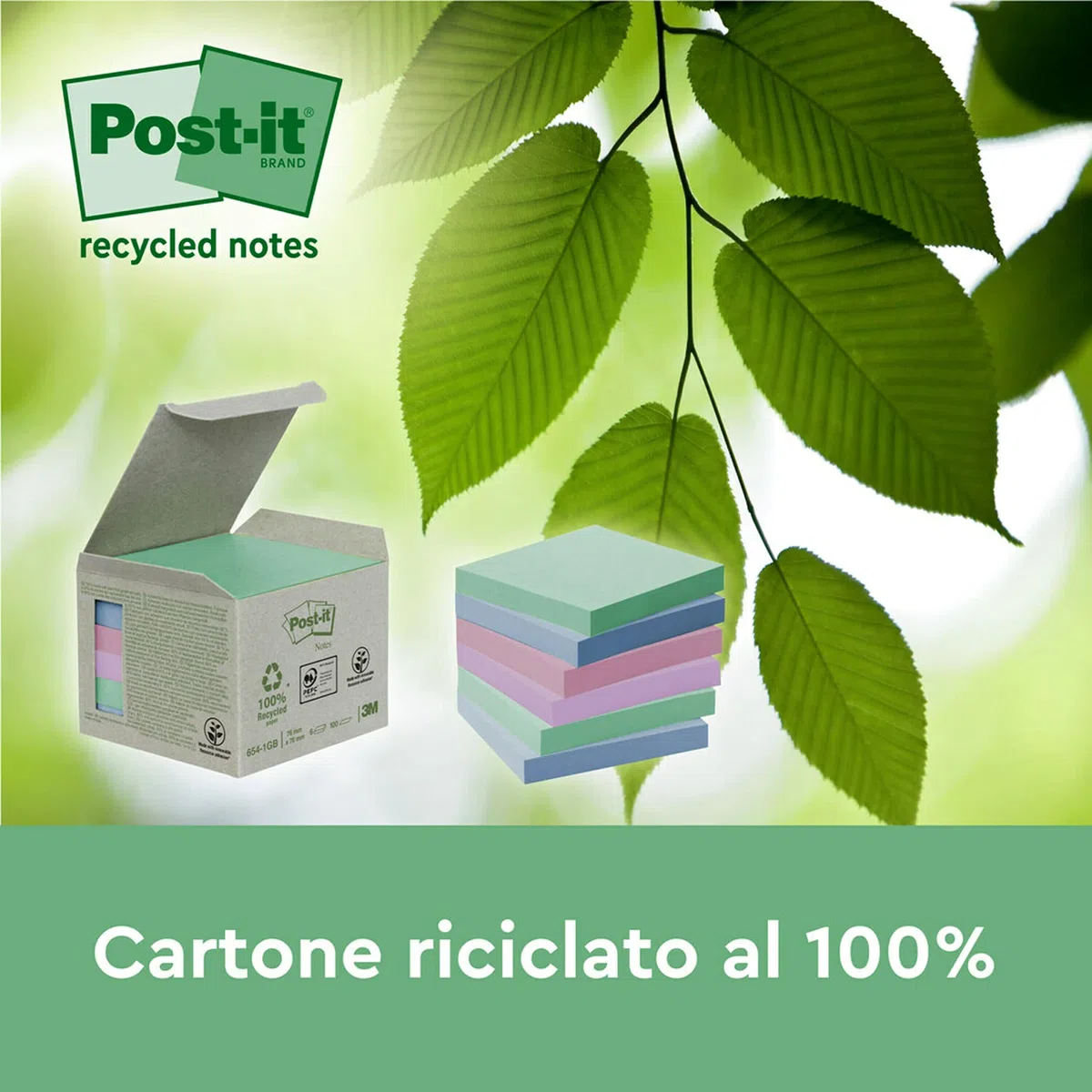Post-it Foglietti Super Sticky Riciclati,14 Blocchetti + 4 GRATIS/Confezione,70 Fogli per Blocchetto, 76 mm x 76 mm,Rosa, Verde, Blu, Viola, Giallo Foglietti Super Adesivi in carta riciclata al 100%
