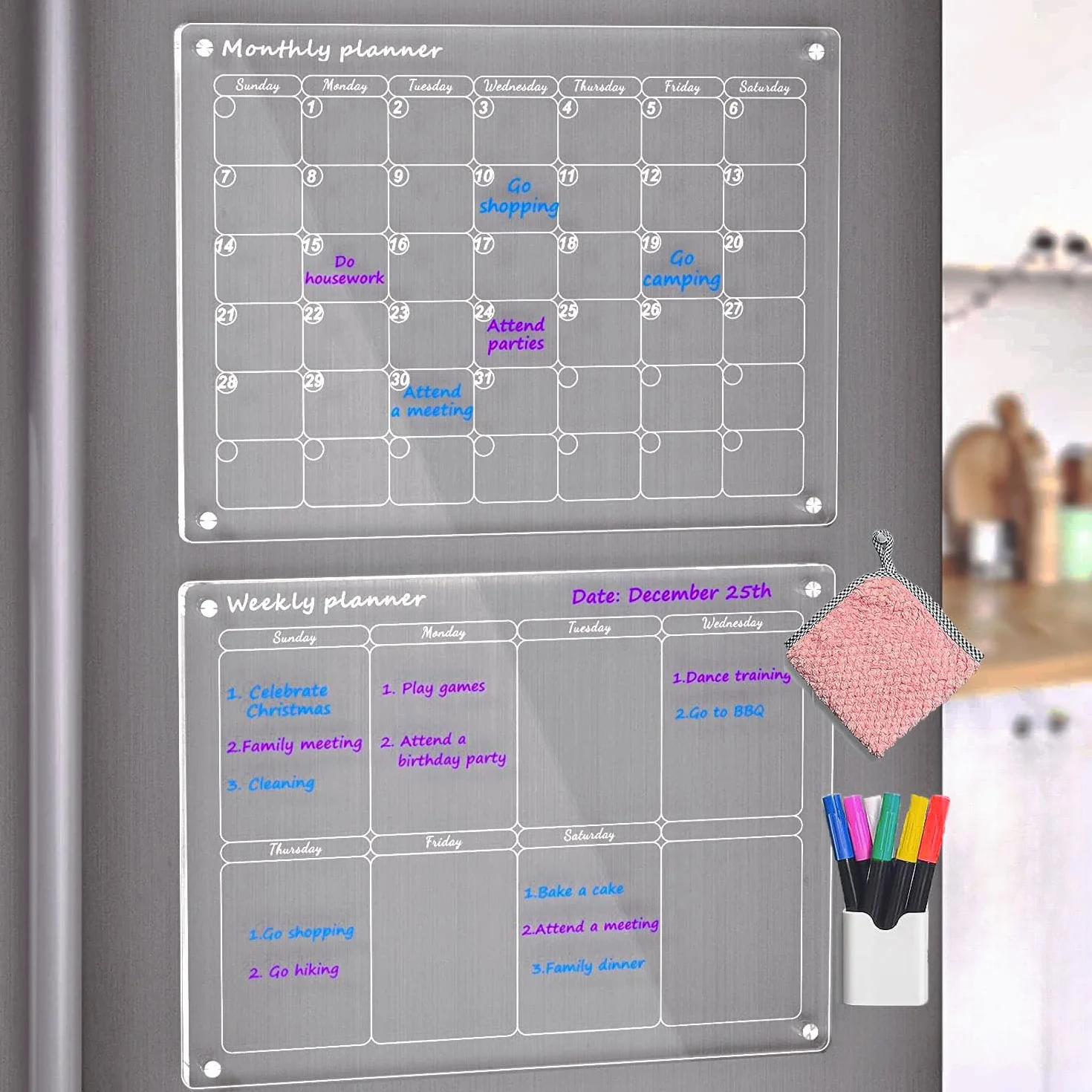 Trasparente Lavagna Calendario Magnetico Frigorifero,Calendari a cancellazione magnetica acrilica, scheda magnetica a secco per frigorifero, scheda di pianificazione mensile e settimanale
