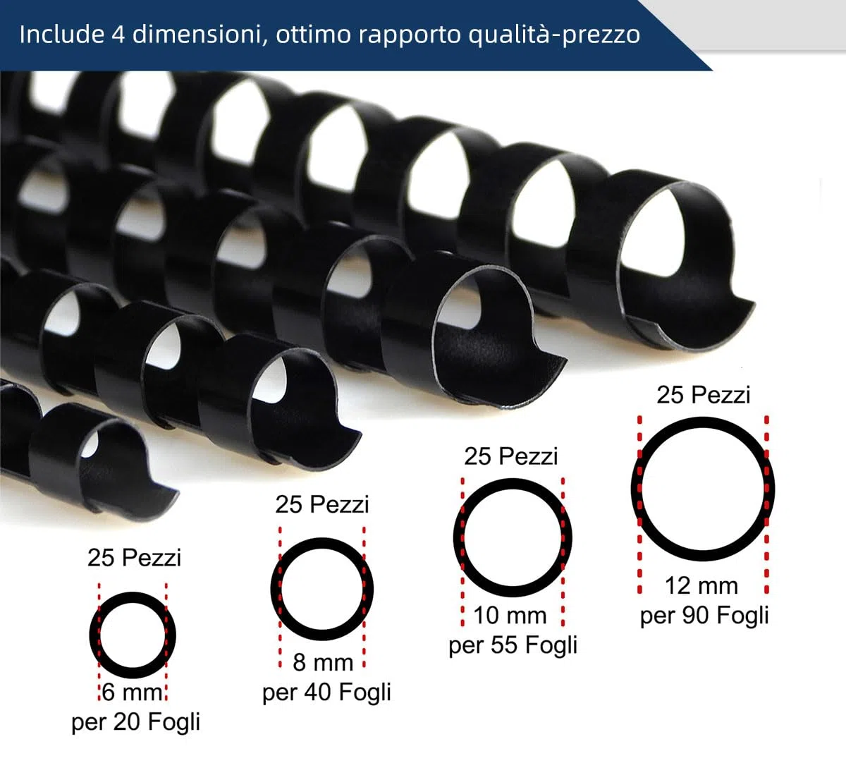 RAYSON Dorsi Plastici per Rilegatura Miste Dimensioni, 6mm/8mm/10mm/12mm, 25 Pezzi per Misura, Capacità di Rilegatura 20-90 Fogli, A4, Nero, Confezione da 100