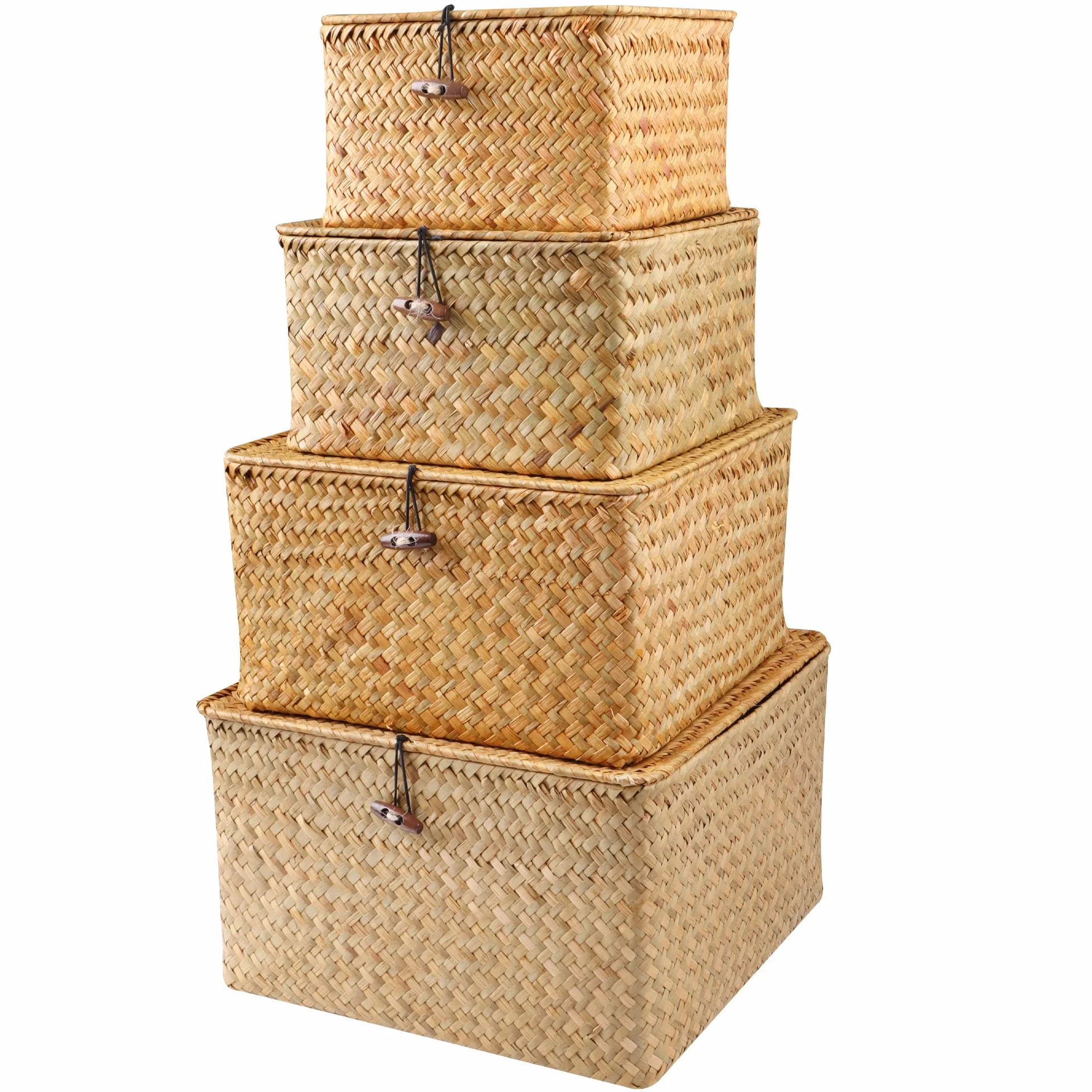 FEILANDUO 4 cestini portaoggetti in vimini con coperchi, cesti intrecciati in alghe marine, per scaffali, scatole impilabili per organizzare cestini in rattan (naturale)