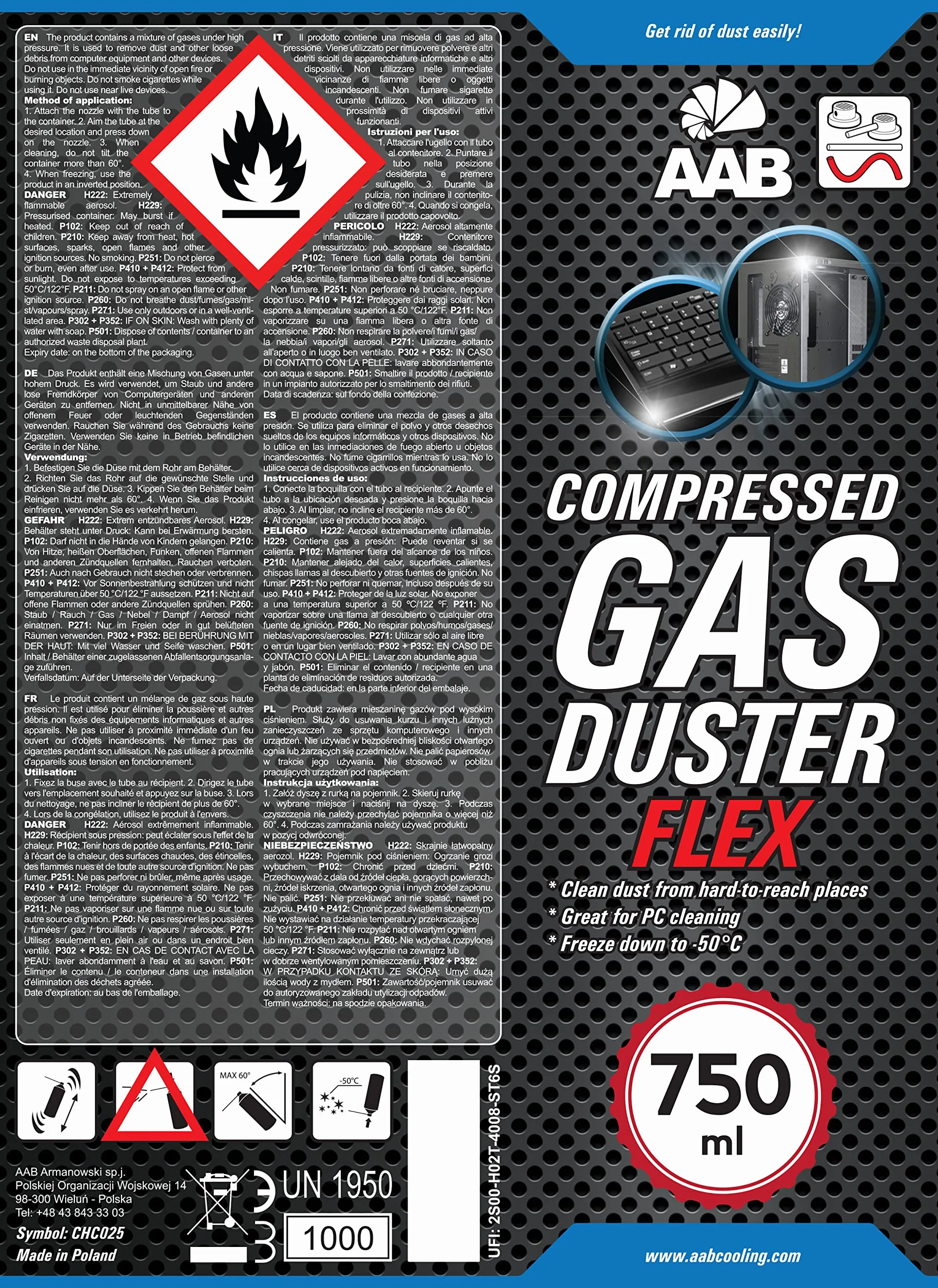 AABCOOLING Compressed Gas Duster FLEX 750ml - Set di 3 Pezzi - Aria Compressa PC Con un Tubo Flessibile, Pulitore PC, Tubo Aria Compressa, Kit Pulizia PC, Bombolette Spray