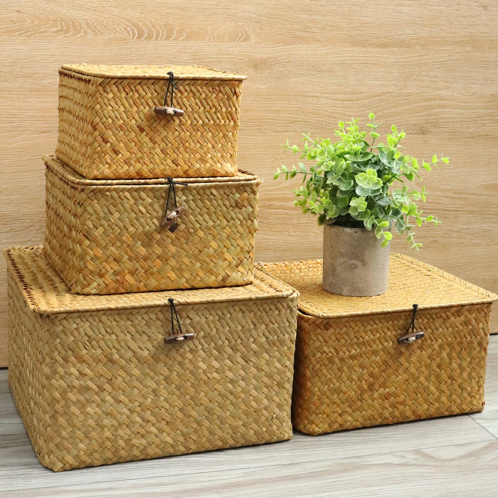 FEILANDUO 4 cestini portaoggetti in vimini con coperchi, cesti intrecciati in alghe marine, per scaffali, scatole impilabili per organizzare cestini in rattan (naturale)