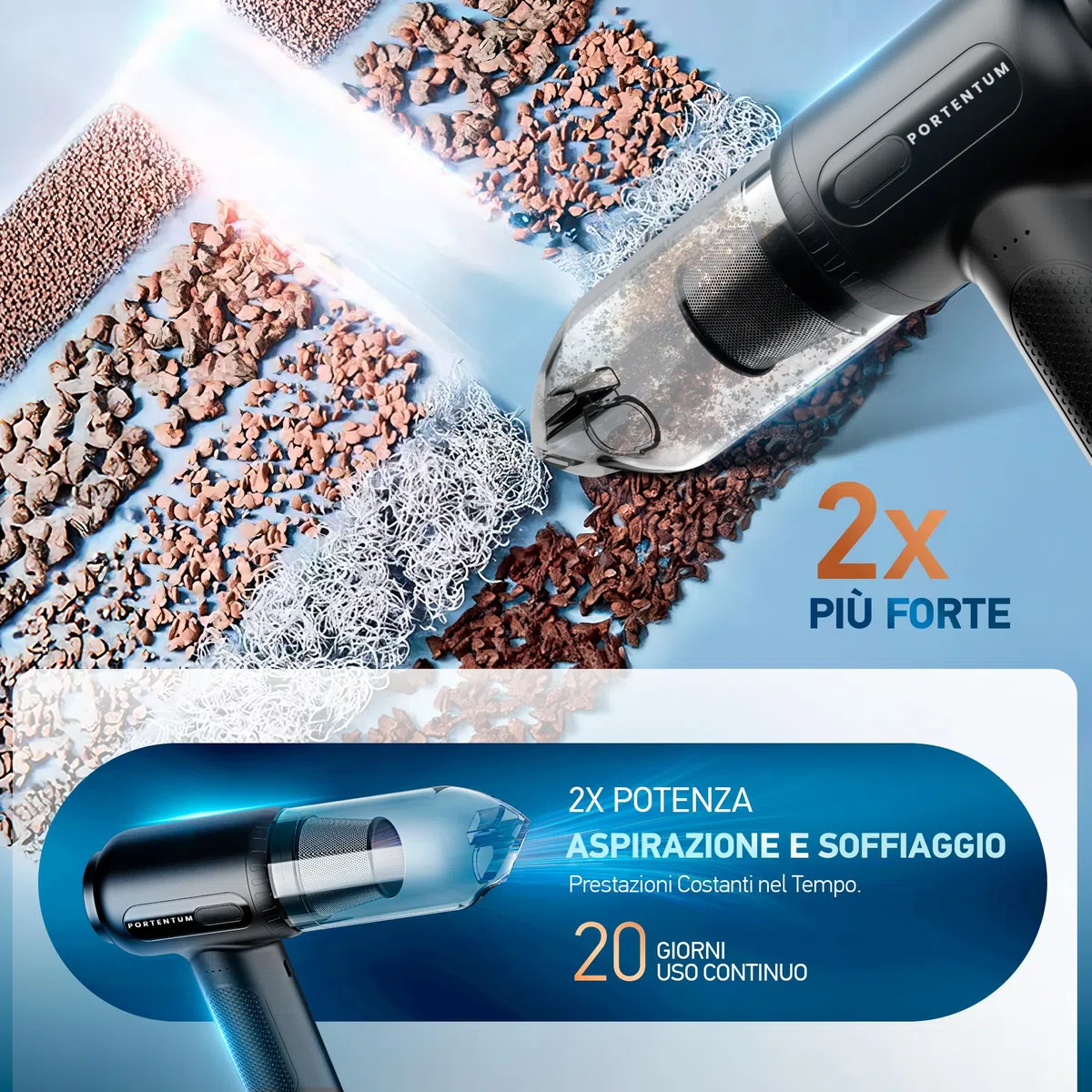 PORTENTUM® 2 in 1 Aspirapolvere Senza Fili et Aria Compressa - Batteria, 3 Velocità e Luce a LED - Aspirapolvere auto, Tastiera, PC, Casa, Auto