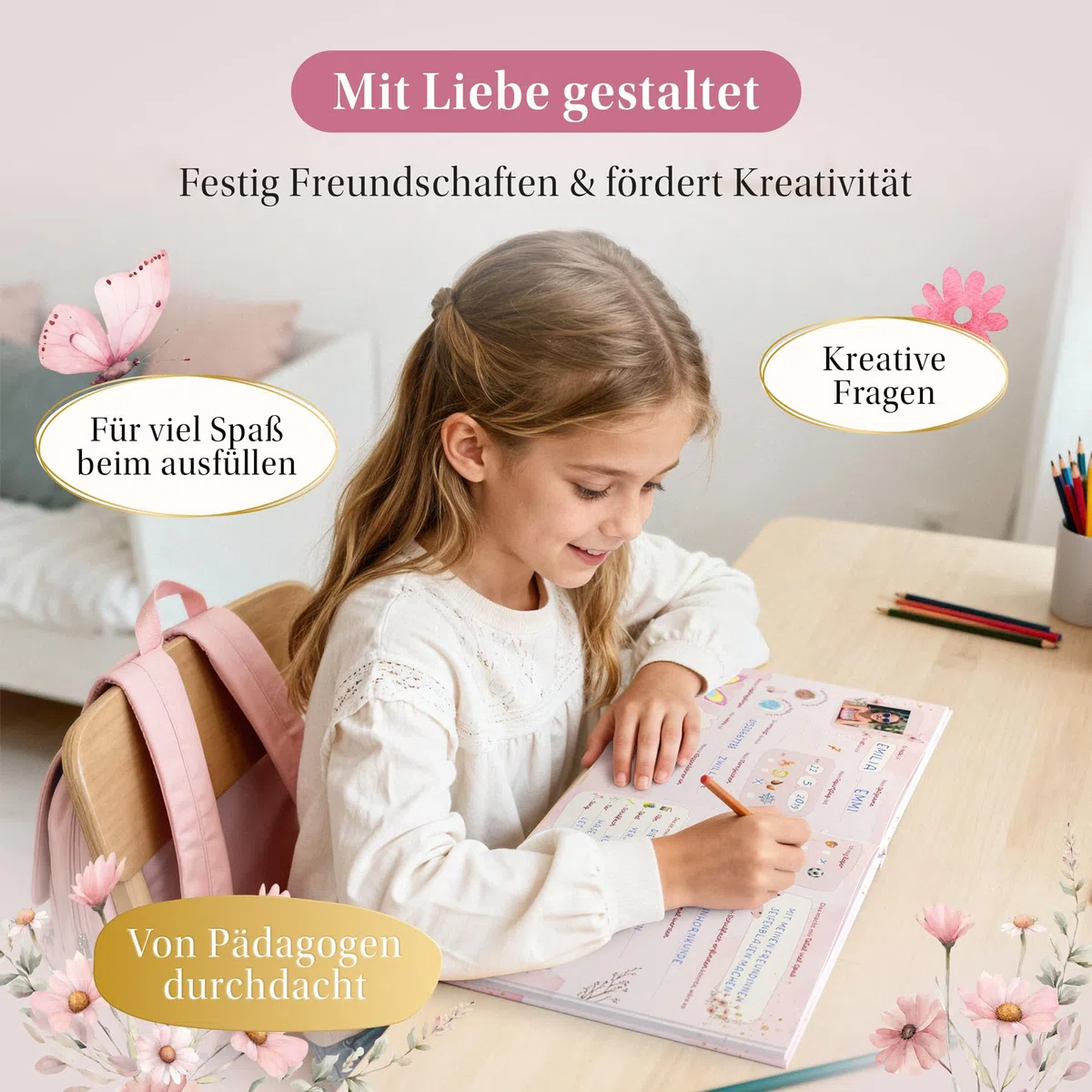 EULENTALER Il libro degli amici della scuola per ragazze, farfalle, disegnato da educatori, farfalle e fiori dipinti a mano, regalo per l'inizio della scuola, goffratura oro, libro degli amici della