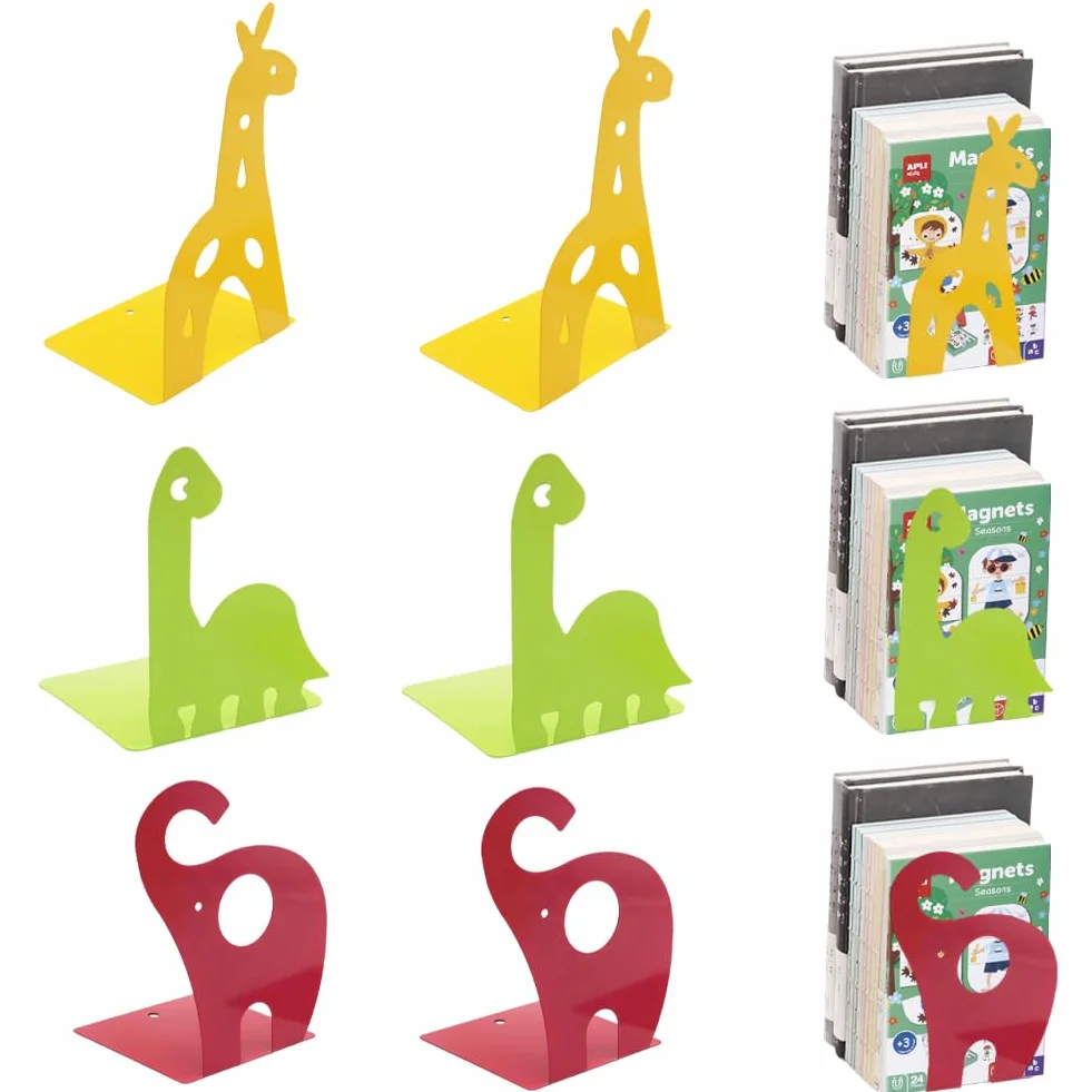 6 fermalibri per bambini, motivo: animali (elefante, dinosauro, giraffa) con base antiscivolo e bordi arrotondati, fermalibri colorati per scuola, cameretta dei bambini e casa