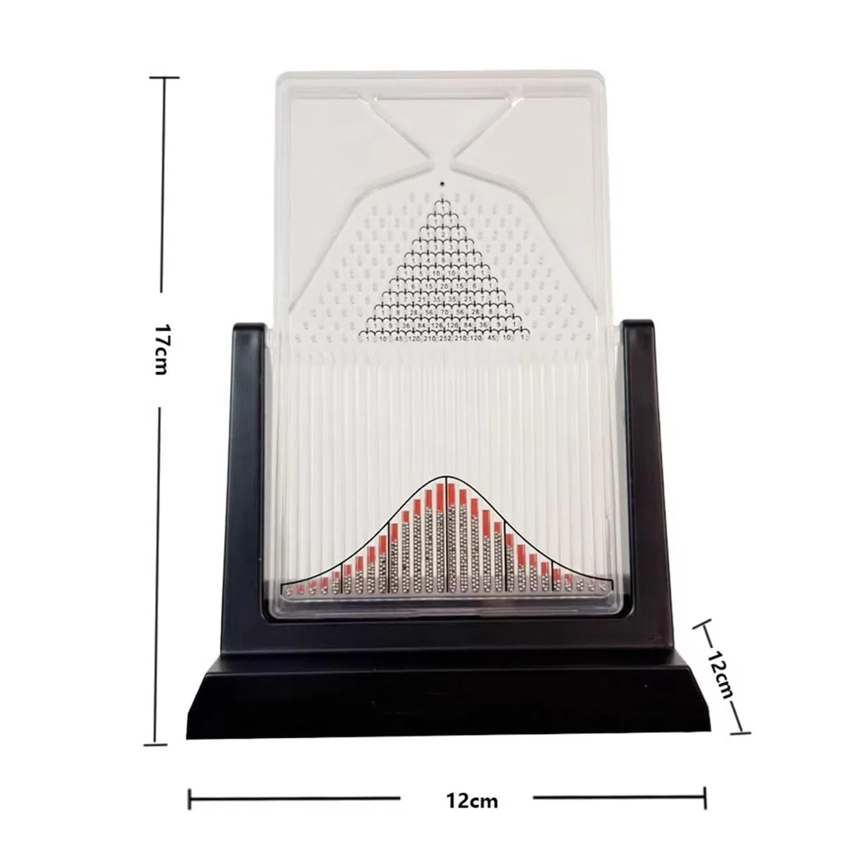 Lavagna Galton da scrivania, strumento didattico for laboratorio di fisica, strumento sperimentale for leggi statistiche efficaci, modello matematico di distribuzione normale con curva a campana