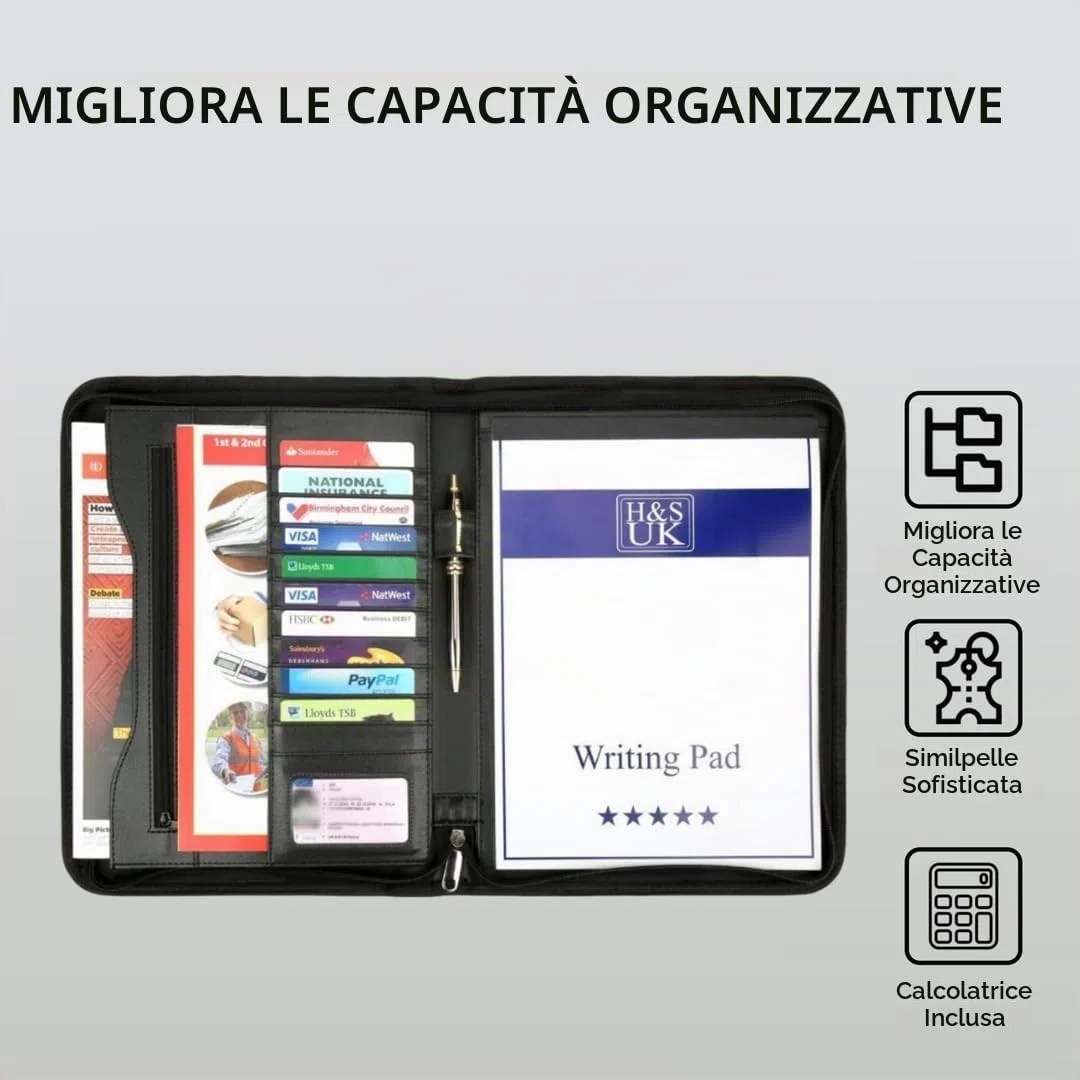 H&S Cartella Portadocumenti A4 con Cerniera - Cartellina Porta Documenti in Ecopelle con Custodia - Portablocco Appunti con 11 Scomparti per Carte e Biglietti da Visita