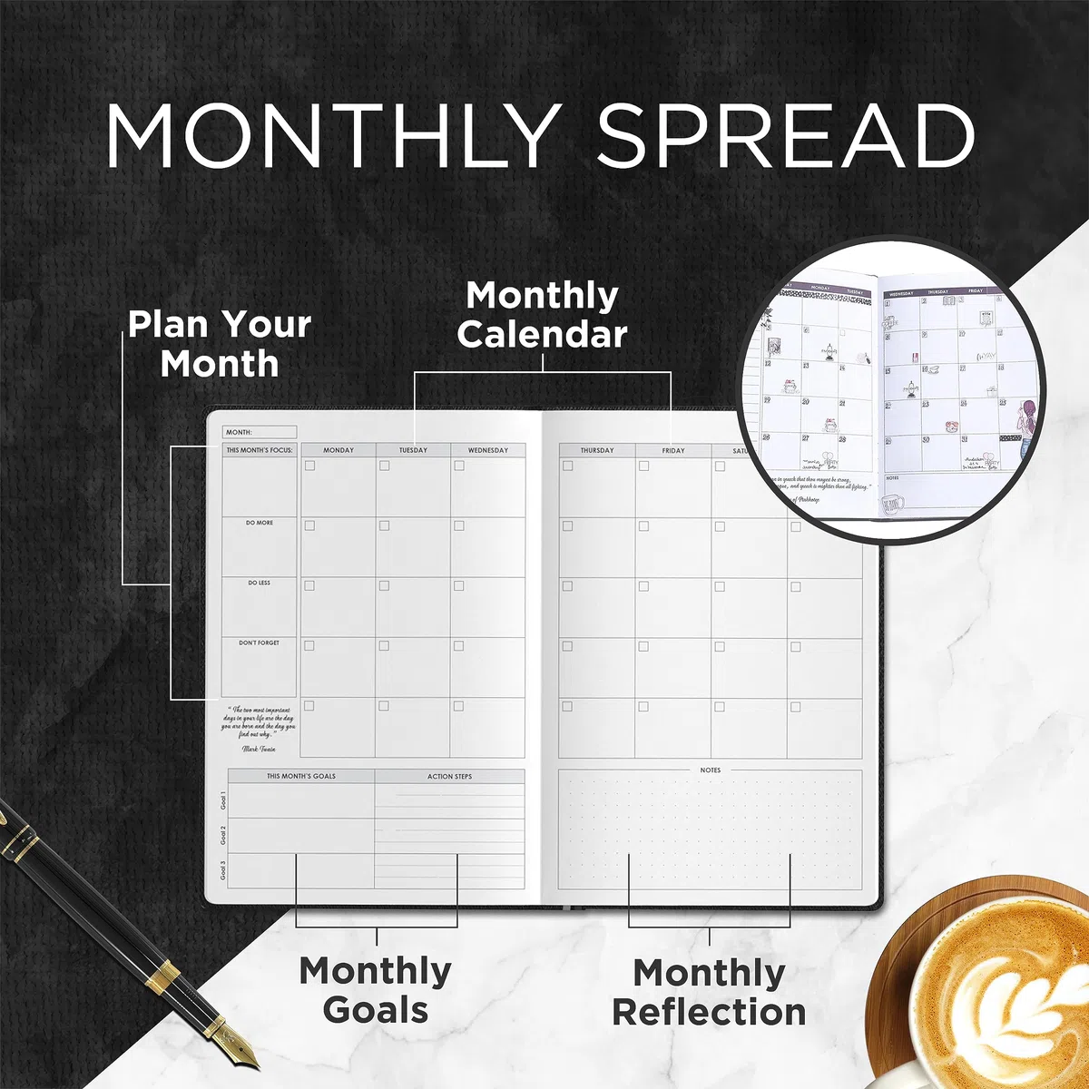 Wordsworth Planner– Planner non datato per la definizione degli obiettivi settimanali e mensili, tracker delle abitudini, organizer per la produttività e la gestione del tempo, diario, A5 1 anno -Nero