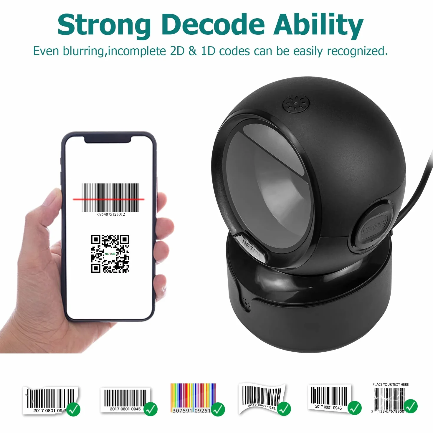 NetumScan Scanner automatico di codici a barre da tavolo, USB rilevamento a mani libere di immagini di codici a barre QR 1D 2D per supermercati, negozi al dettaglio, sistemi di biblioteche Pos NSA5