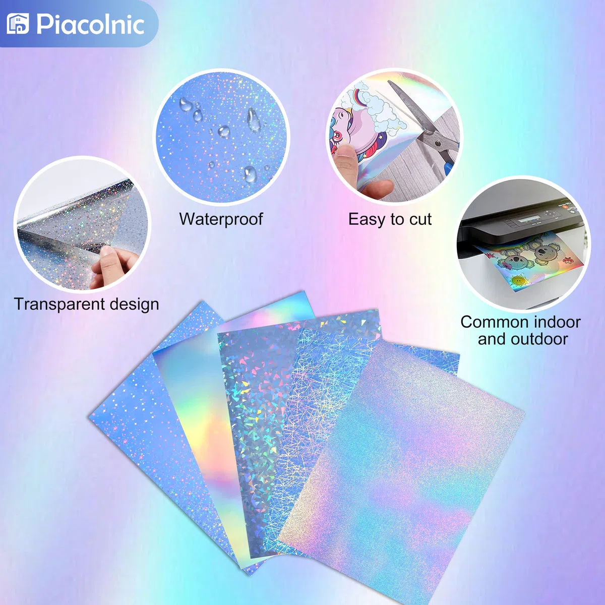 20 Carta Adesiva in Vinile Stampabile, 5 stili A4 Carta Adesiva Olografica Autoadesiva Pellicola Olografica Holographic Sheet Compatibile con Stampante a Getto d'Inchiostro/Laser per Fai Da Te