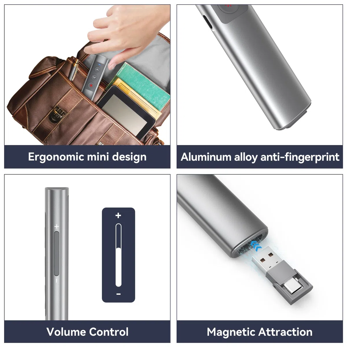 Puntatore Presenter Wireless Ricaricabile, Controllo del Volume, Telecomando Presentazioni Powerpoint, USB C Wireless Penna Puntatore PC per Presentazioni di Slides su Computer, Laptop, Mac