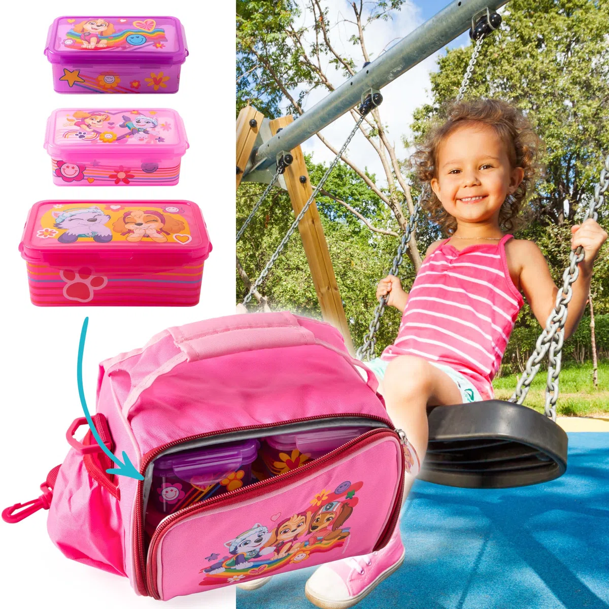 p:os PAW Patrol Borsa Termica Bambini 1,7 L con 3 Contenitori - Mini Frigo Portatile Rosa - Lunch Bag Isolata per Asilo, Scuola e Gite