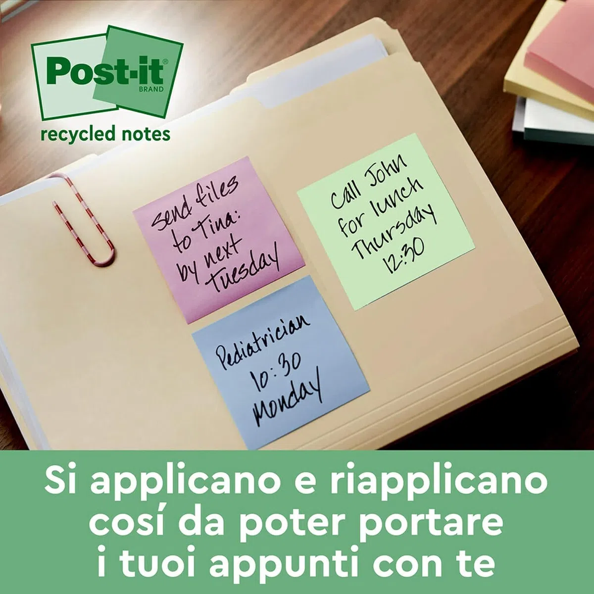 Post-it Foglietti Super Sticky Riciclati, Confezione da 12 Blocchetti, 70 Fogli per Blocchetto, 47.6 mm x 47.6 mm, Rosa, Verde, Blu, Viola, Giallo - Foglietti Super Adesivi in carta riciclata al 100%