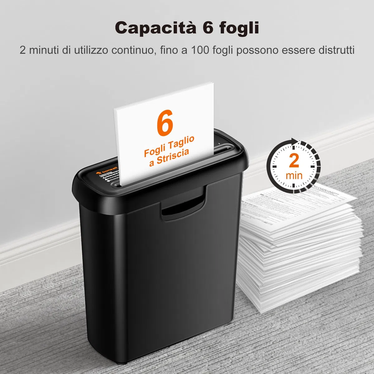 Bonsaii Distruggi documenti con braccio telescopico, taglio a striscia, 6 fogli, con cestino da 9 litri, livello di sicurezza P2, trita documenti con funzione distruggi carte di credito (S123-A)