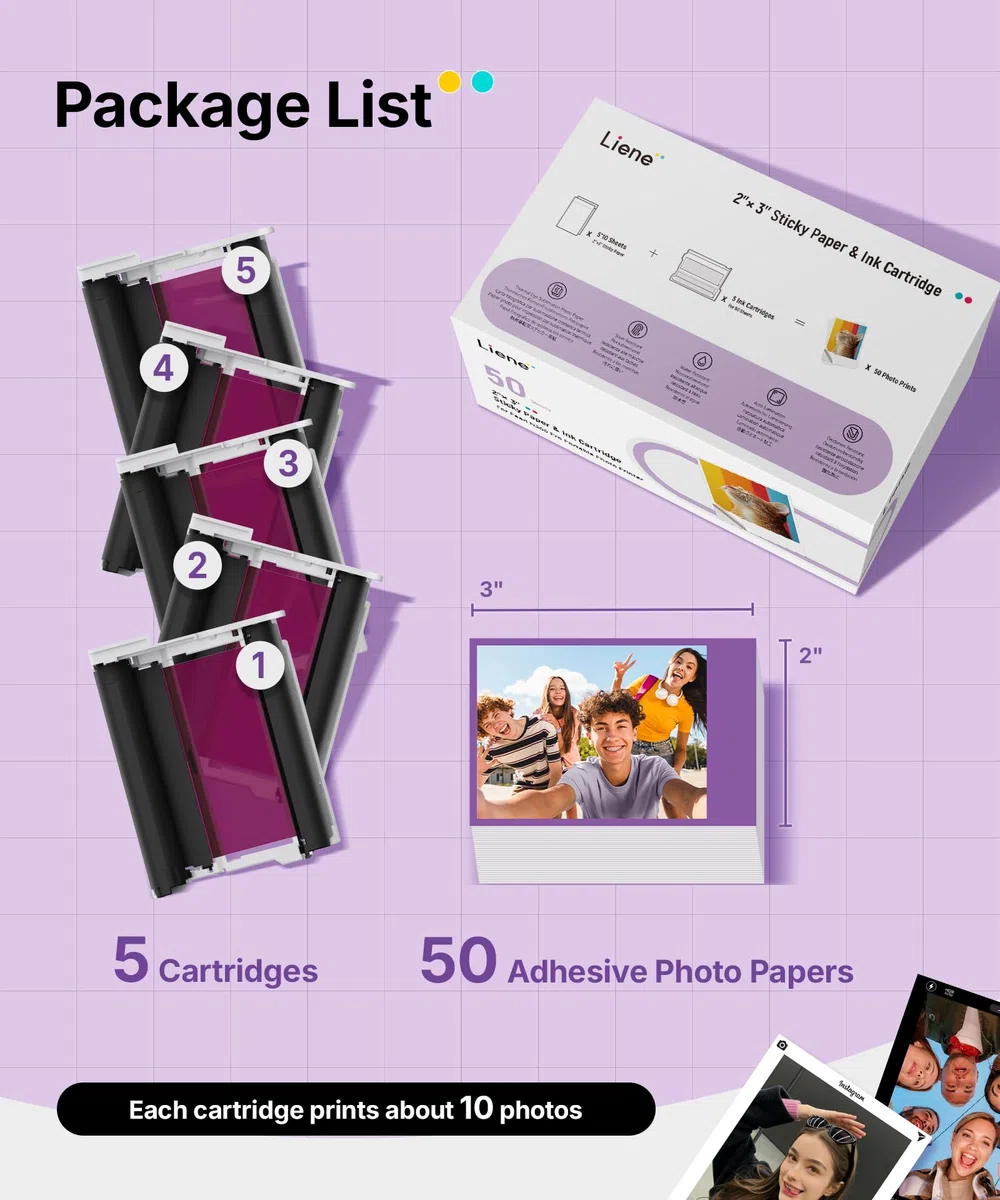 Liene Pearl N200 Pro Carta Fotografica Autoadesiva per Stampante Portatile: 50 Fogli (5x7,6 cm) + 5 Nastri. Resistente all‘Acqua, Adesivo Istantaneo. Per DMP130. Ideale per Scrapbooking e DIY.