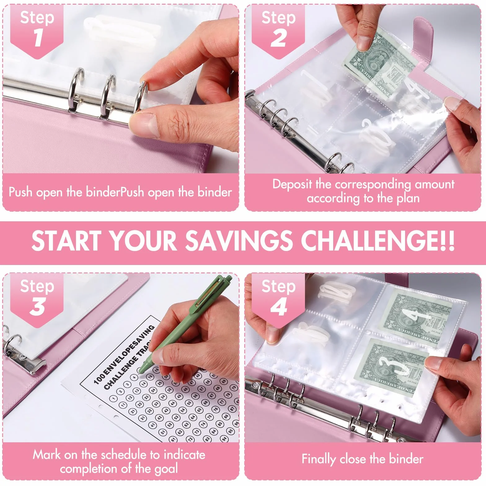 100 Envelope Saving Challenge, Libro del Risparmio, Cartelle Sfide, Pianificatore di Budget, Challenge del Risparmio con Buste Trasparenti per Denaro, Fogli di Budget, Cartelle per Risparmiare Denaro