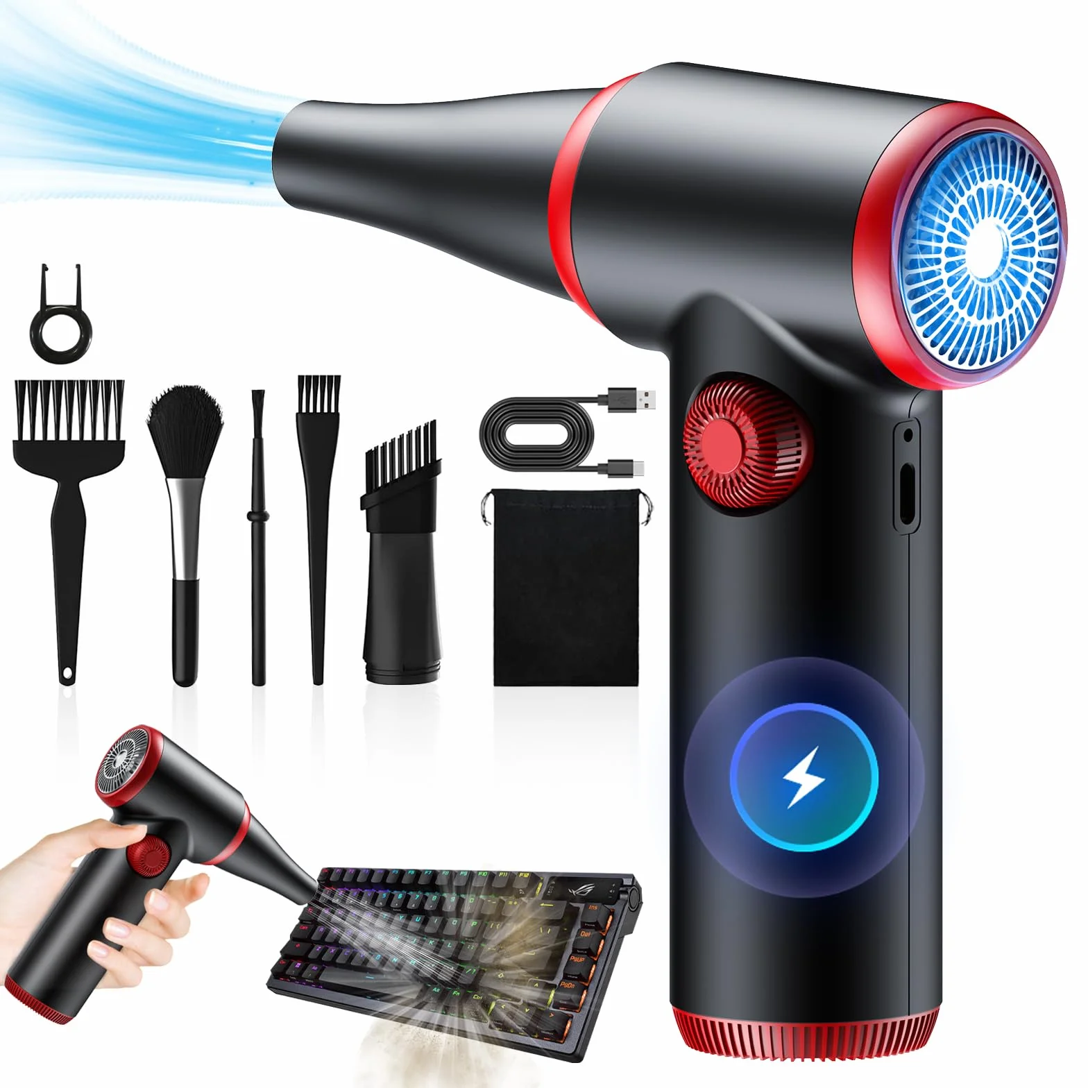 ATEngeus Elettrico Rimuovi Polvere Aria Compressa, Spolverino Elettrico da 100500 Giri/min con Luce LED, Velocità Continua Aria Compressa Senza Fili, Air Duster per Tastiera, Laptop, Auto