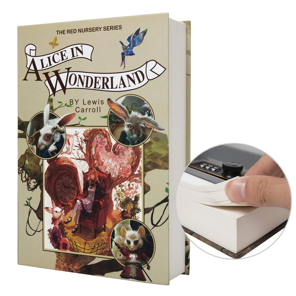 Libro di trasferimento di carta autentico sicuro per gioielli, denaro e contanti, cavo con scomparto nascosto, chiave e lucchetto a combinazione (blocco password, Alice)