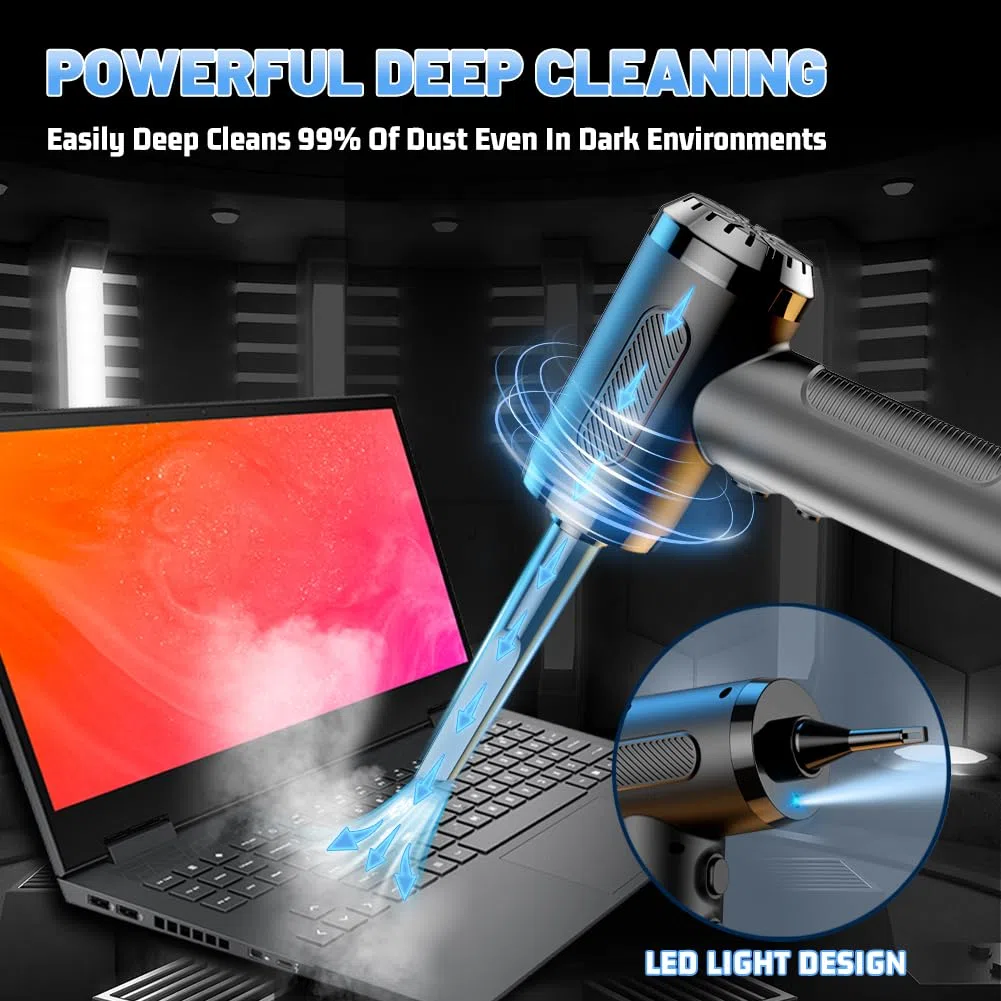 Elettrico Rimuovi Polvere, Soffiatore ad Aria Compressa 50000RPM e 6000mAh, 3 Velocità Aria Compressa Senza Fili con Luce LED e 5 Ugelli, Per Tastiera PC Auto Divano