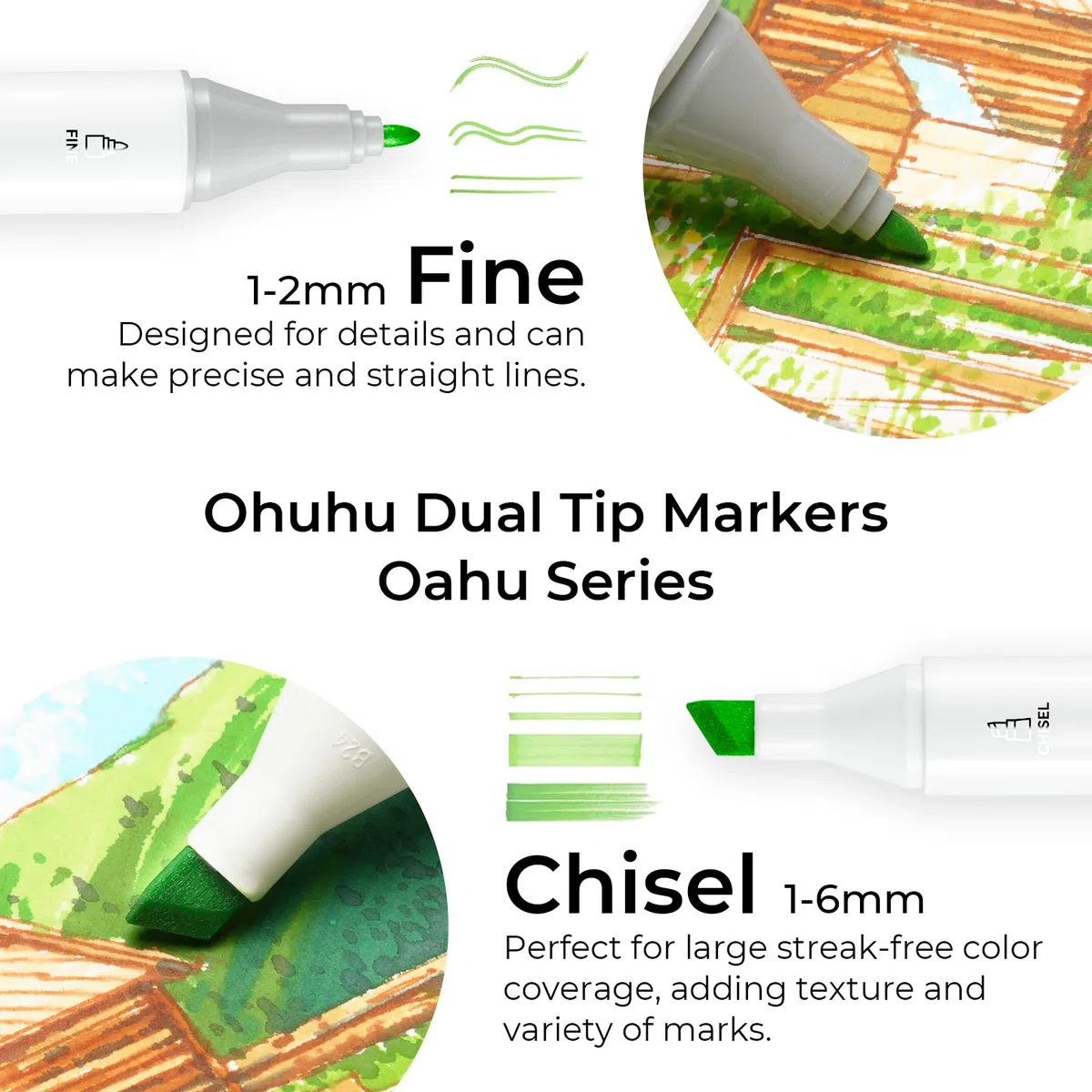 Ohuhu 80 ColoriPennarelli ad Alcool a Doppia Punta per Illustrazioni da colorare per Adulti, Ink Base di Alcool con 1 Frullatore Custodia per Pennarelli Scalpello e Fine, Serie Oahu