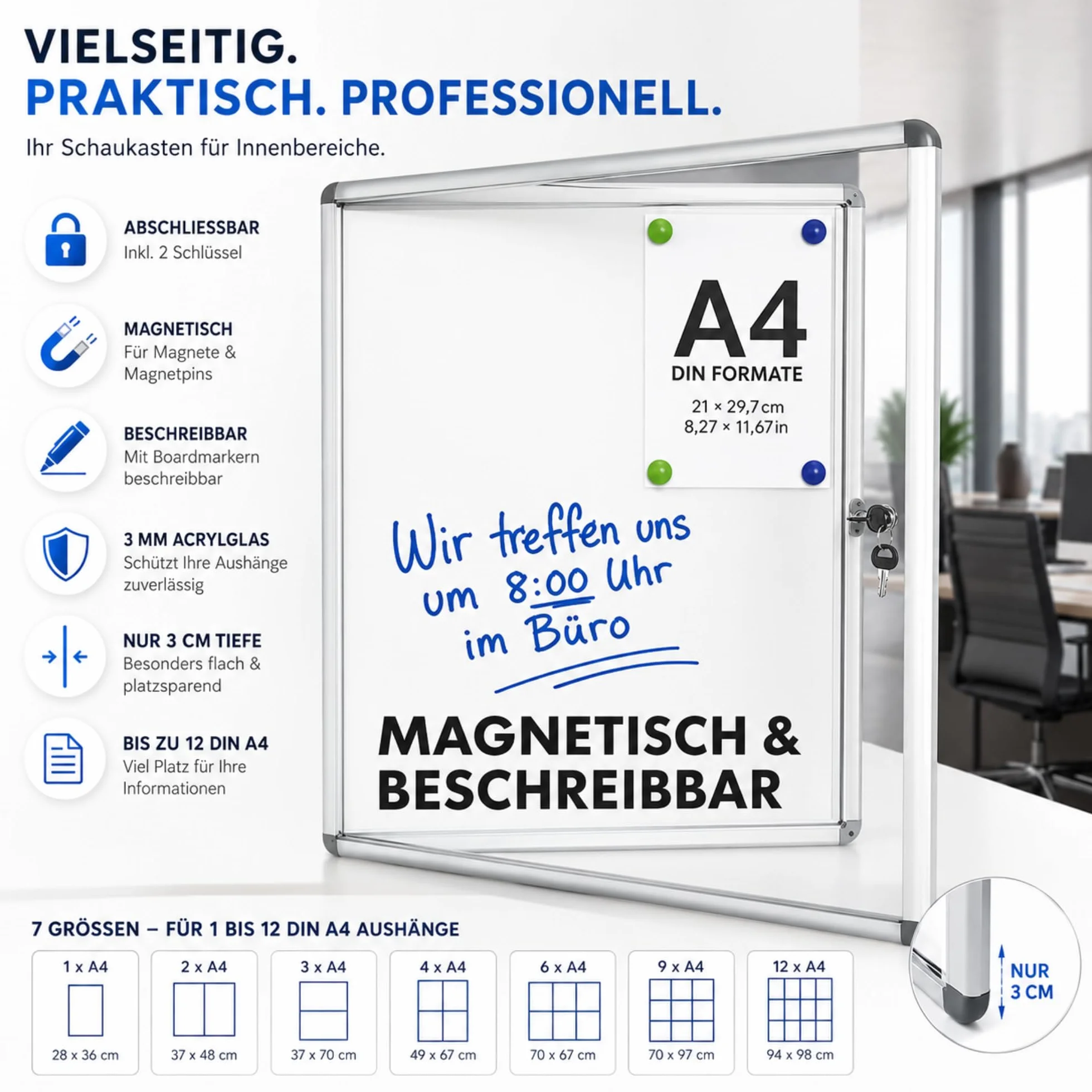 Floordirekt Vetrina 2 x A4 con 4 calamite, cassetta informativa, da appendere alla parete posteriore magnetica e scrivibile, con telaio in alluminio e vetro acrilico