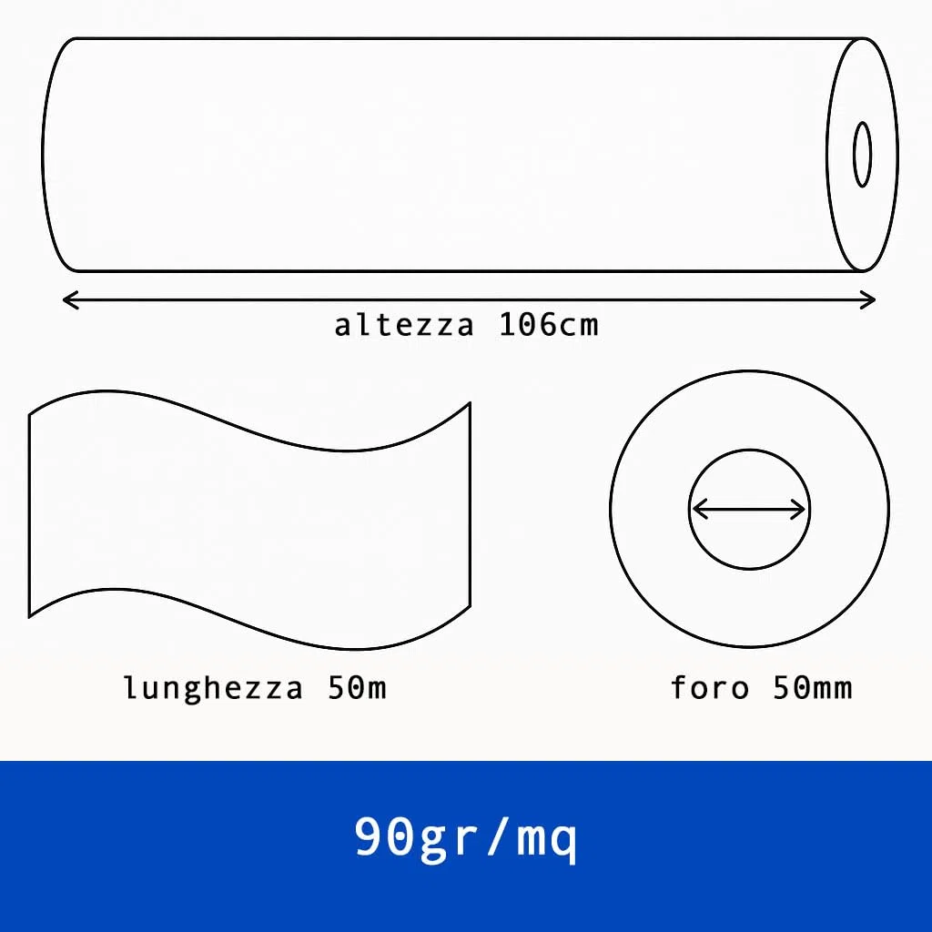 Confezione 1 Rotolo Plotter 106cm x 50m – 90g/m² | Carta Bianca Professionale per Stampa Tecnica, CAD, GIS e Grafica | Superficie Liscia, Asciugatura Rapida | Foro 50mm, Ø 96mm