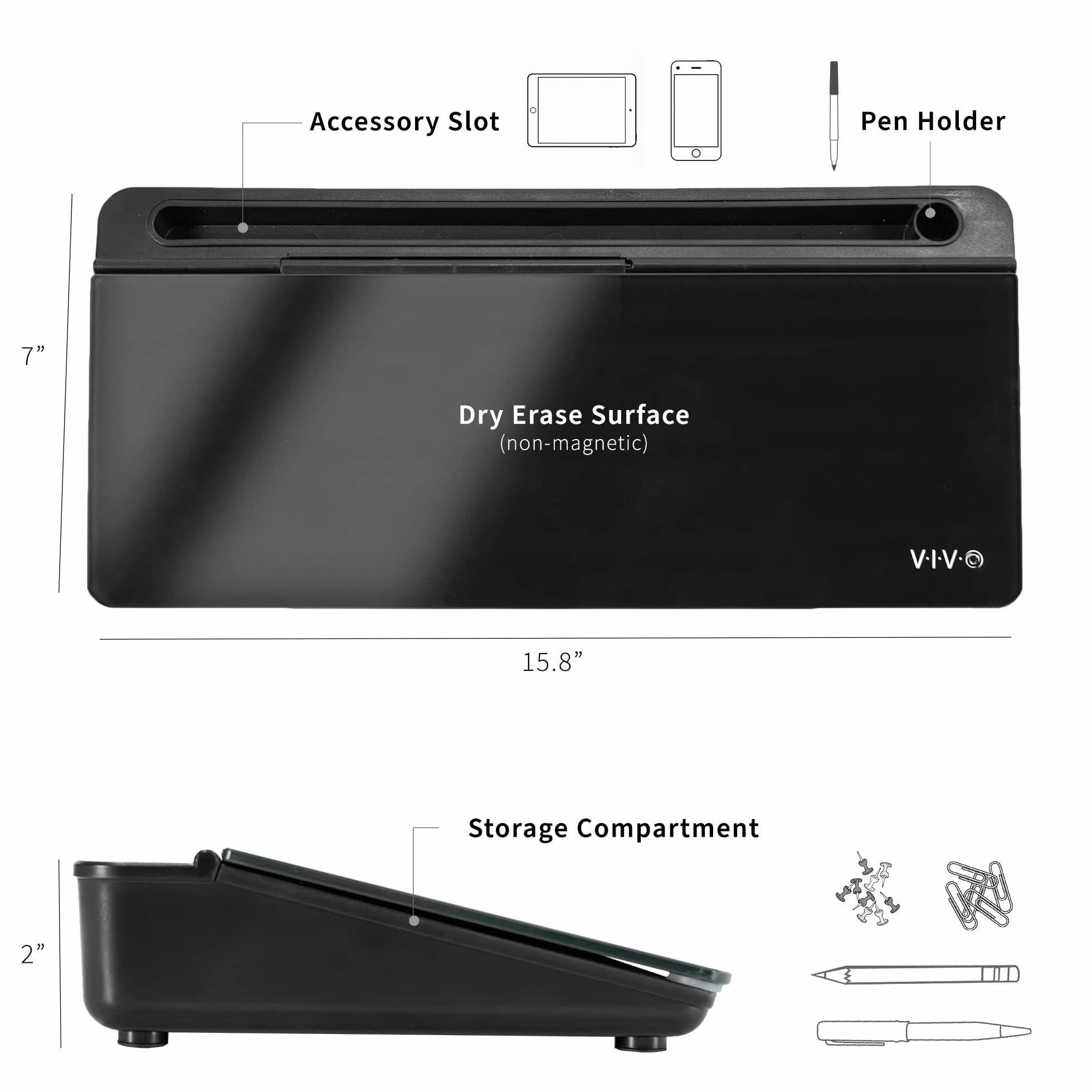 Vivo Lavagna in vetro cancellabile a secco da 40,6 x 17,8 cm con contenitore, organizer per lavagna bianca da scrivania con scomparti nascosti e slot per dispositivo, nero, DESK-WB16B