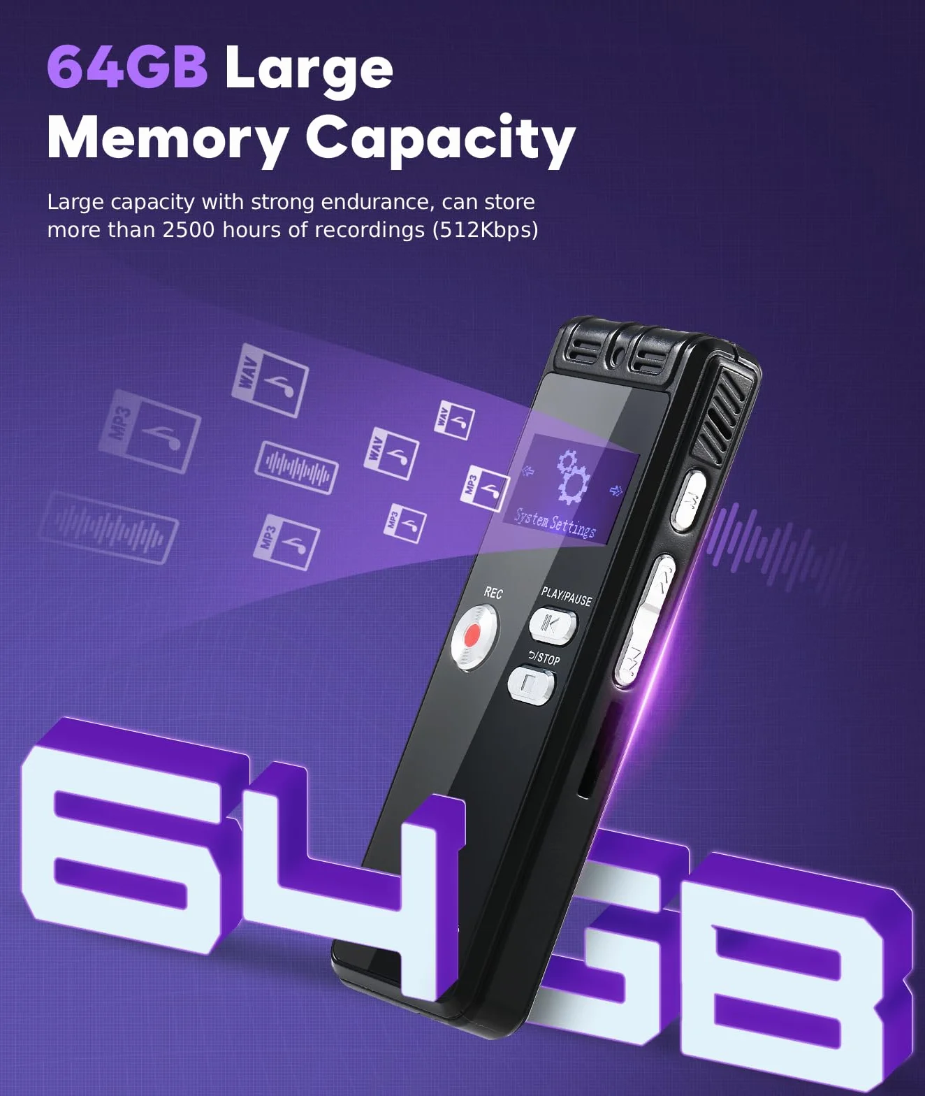 Registratore vocale digitale da 64G, 1536 kbps, interfaccia di tipo C, dispositivo di registrazione a nastro One-Touch-HD Dual MIC, per conferenze, interviste, riunioni