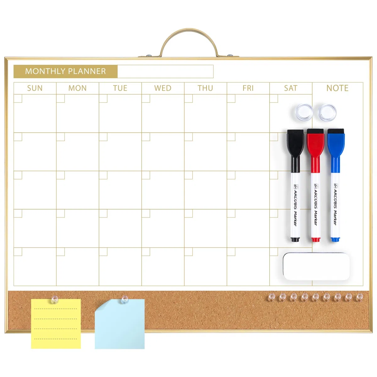 ARCOBIS Calendario cancellabile a secco con lavagna in sughero da parete, 30,5 x 40,6 cm, calendario bifacciale e lavagna magnetica mensile per casa, ufficio, scuola